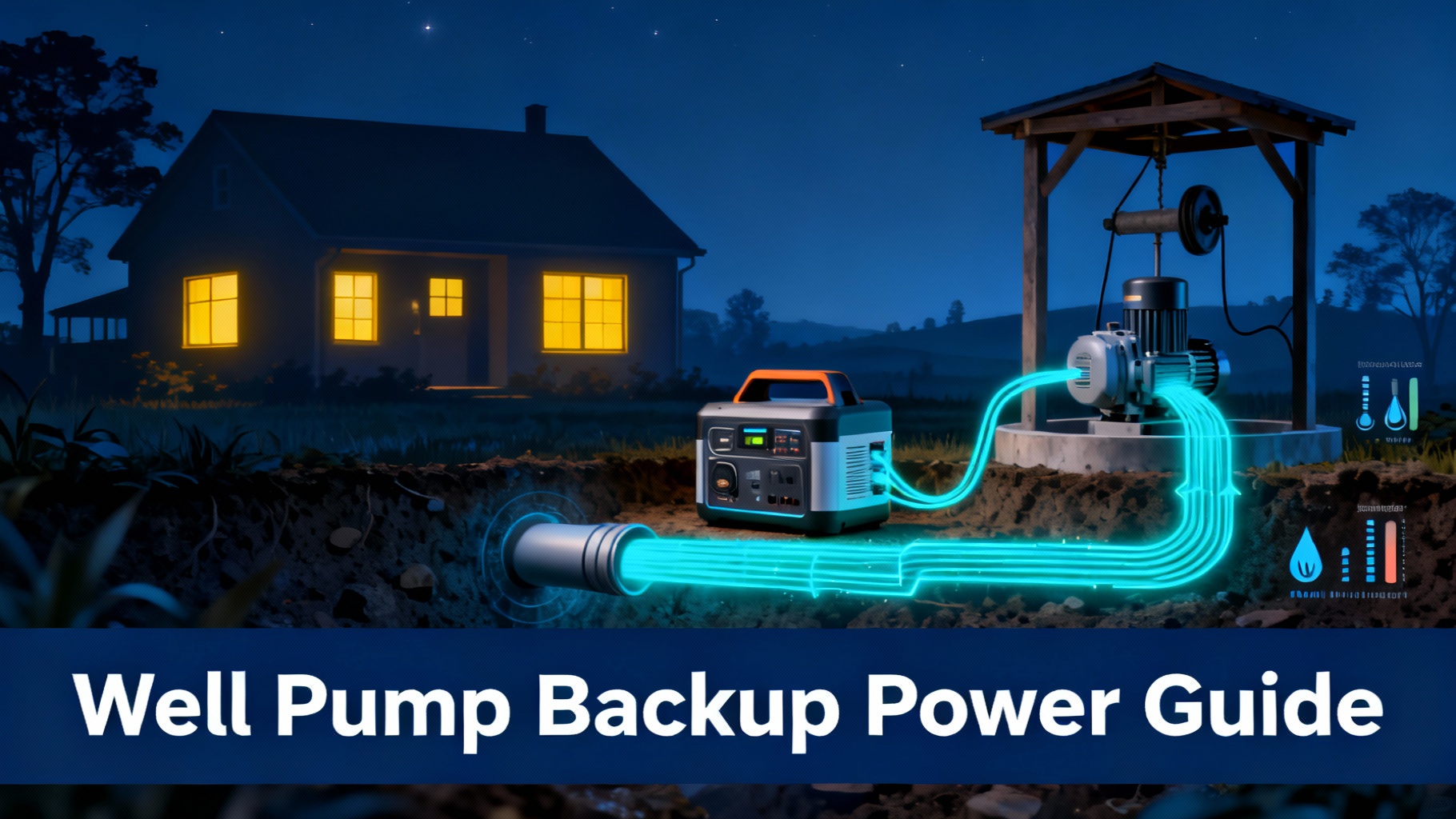 Technical illustration of rural house with well pump system connected to backup power station via cyan energy lines showing underground pipes and water flow for emergency water supply