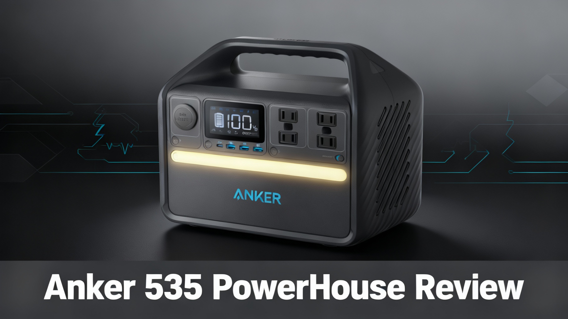 Minimalist editorial hero image for Anker 535 PowerHouse legacy model power station review with modern sleek design and classic-meets-contemporary energy flow