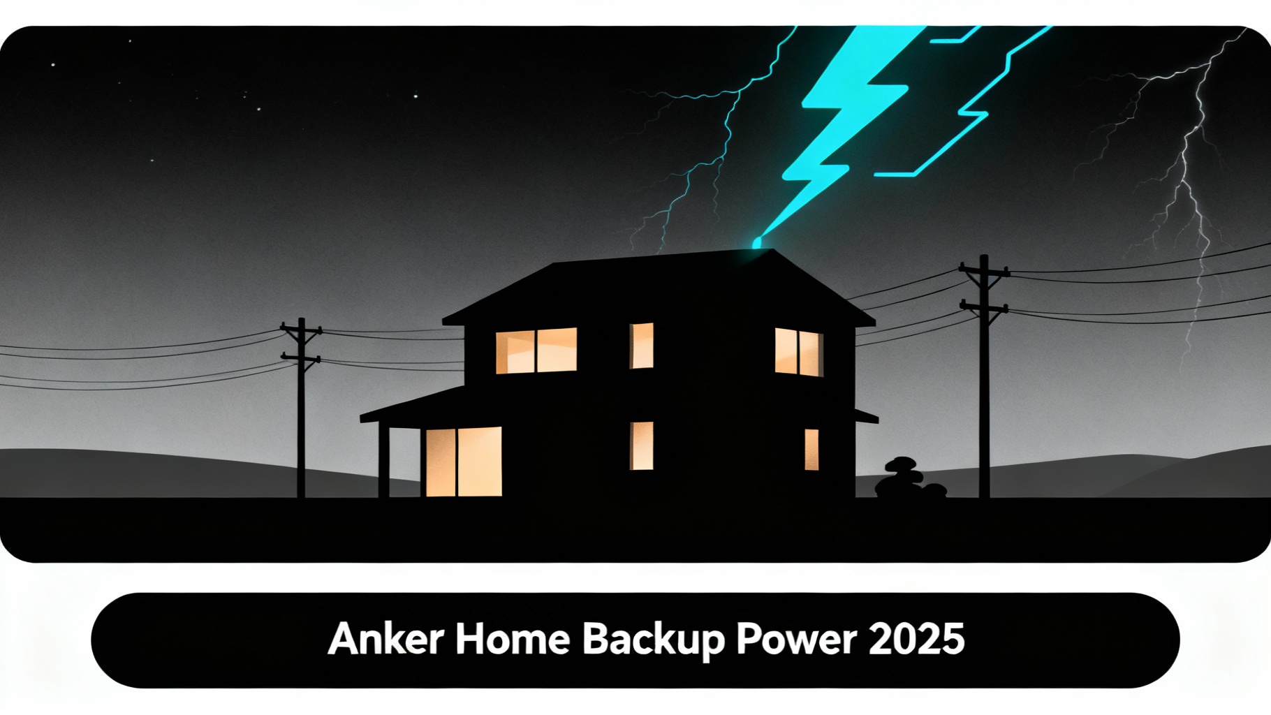 Minimalist illustration of modern house at night with Anker SOLIX whole home backup power system showing clean energy flow and emergency preparedness design