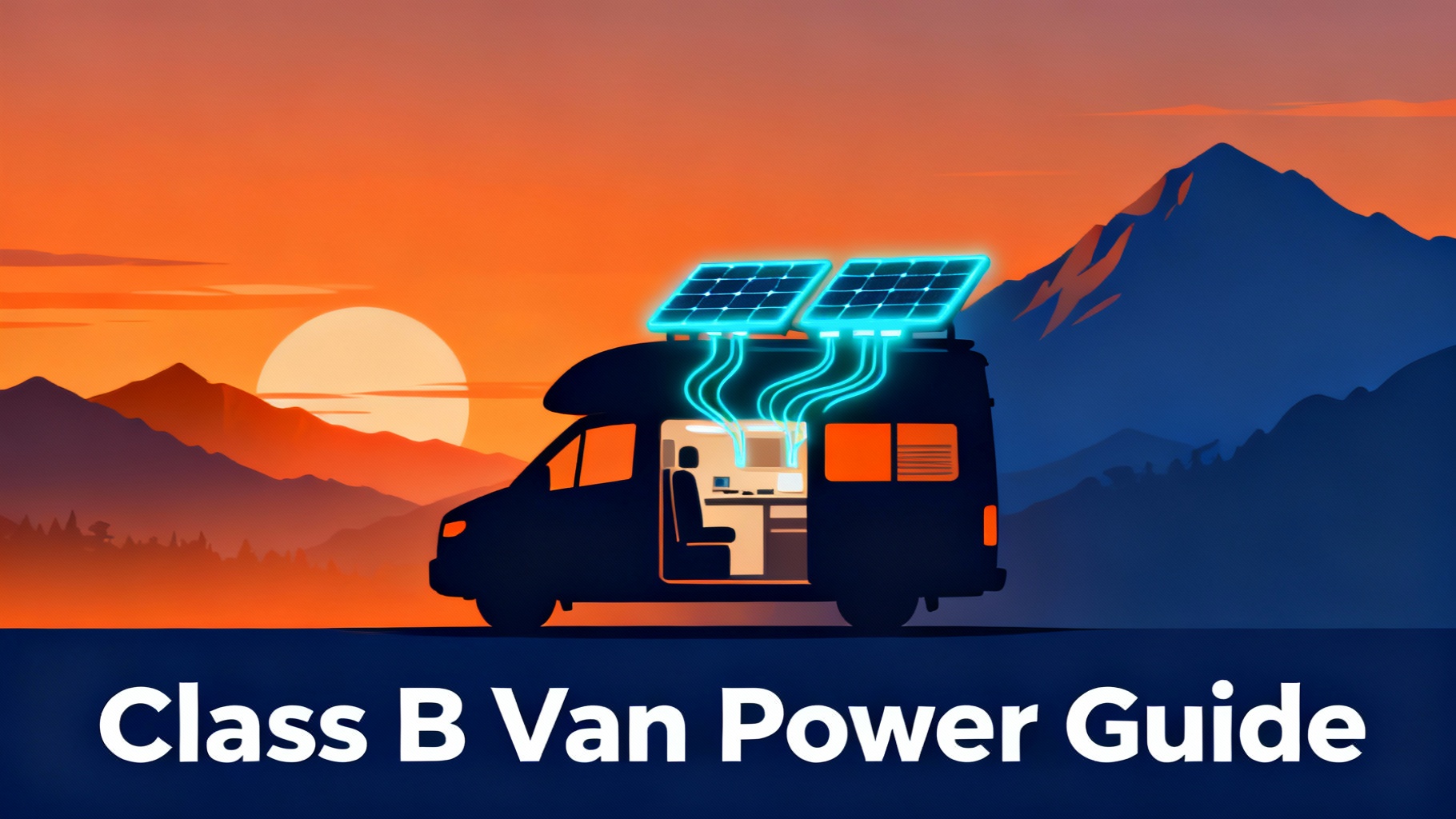 Stylized Class B camper van silhouette on scenic mountain backdrop with solar panels on roof and cyan energy flow lines showing van life power system integration