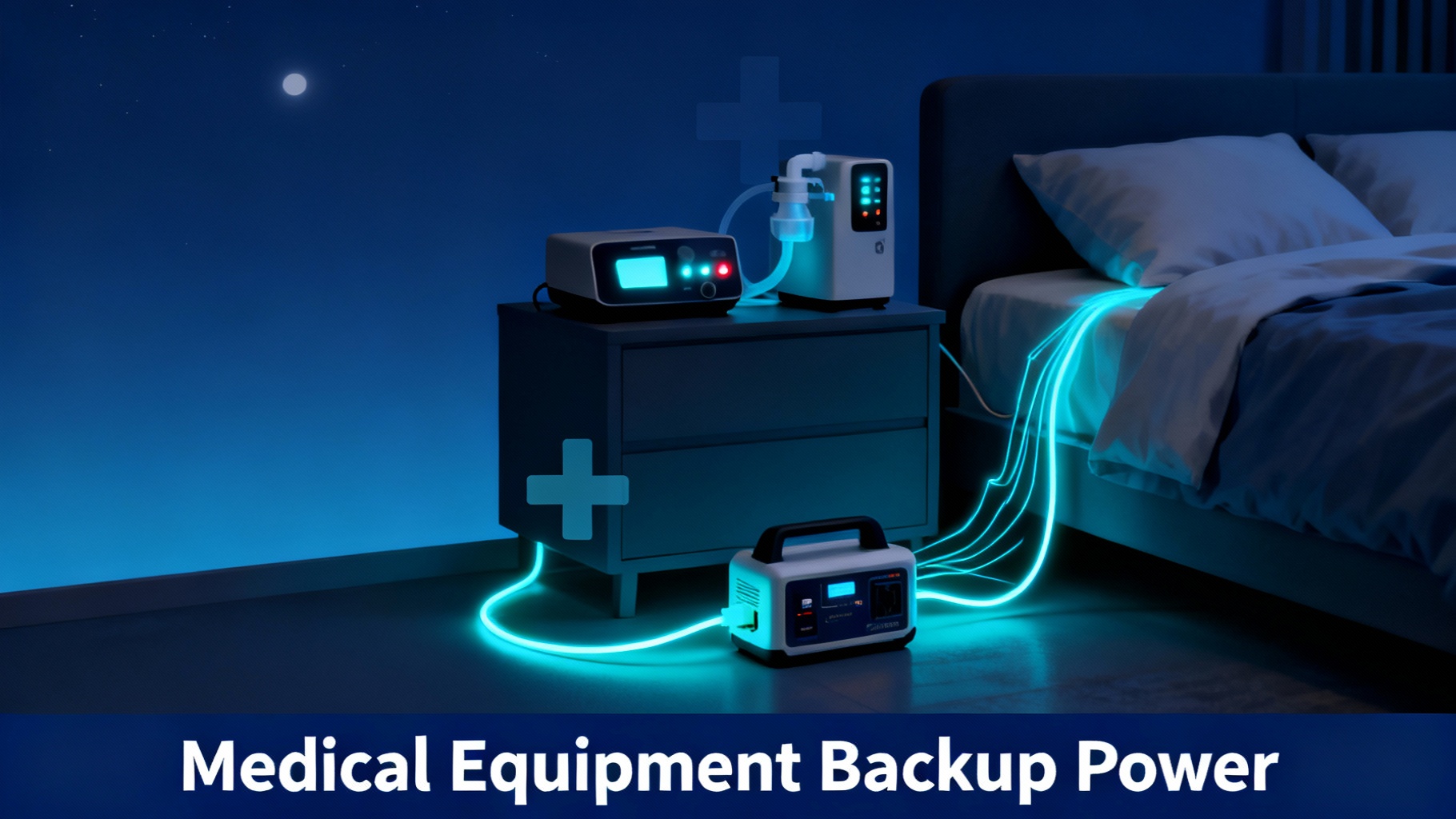 Professional illustration of bedroom with medical equipment like CPAP and oxygen concentrator connected to backup power station via cyan energy lines ensuring life-saving device reliability during outages