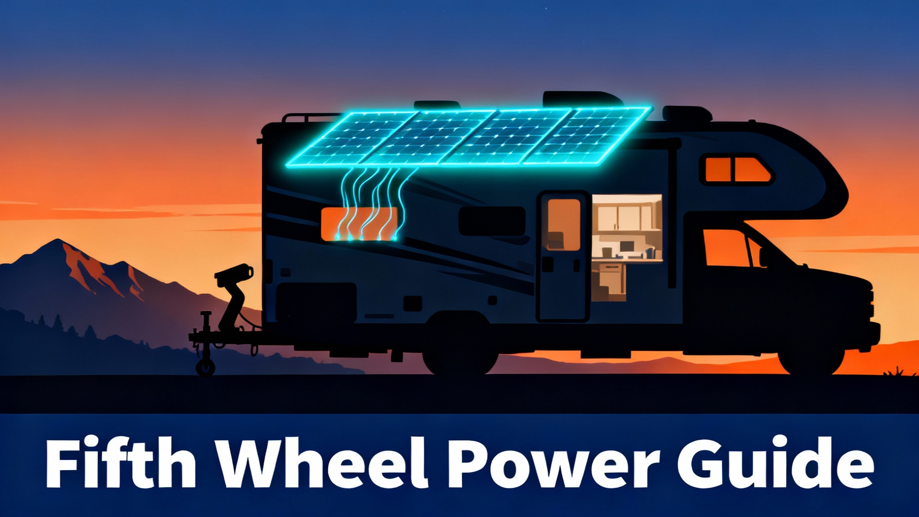Stylized illustration of fifth wheel RV silhouette against sunset gradient (warm orange to deep blue). Large solar panel array on roof glowing electric cyan. Mountain landscape silhouette. Energy flow lines from panels to RV interior. Adventure freedom aesthetic. Large towable RV power visualization with gooseneck hitch detail. At the bottom, solid navy blue bar with white text "Fifth Wheel Power Guide". Outdoor lifestyle wanderlust vibe, 4K quality.
