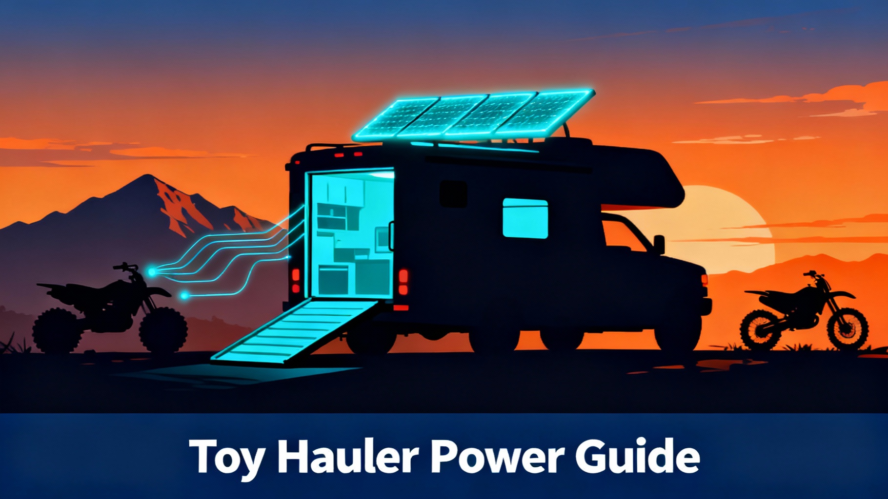 Stylized toy hauler RV silhouette with rear ramp door on mountain backdrop with solar panels, off-road vehicles nearby, and cyan energy flow lines showing adventure-focused power system for extreme sports enthusiasts