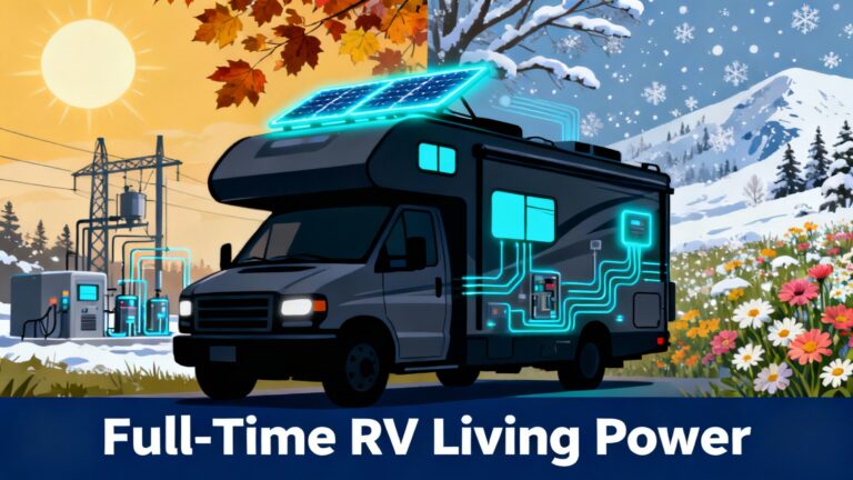RV silhouette with solar panels in center of four-season landscape collage showing year-round full-time living with large power station system and cyan energy flow representing complete mobile independence