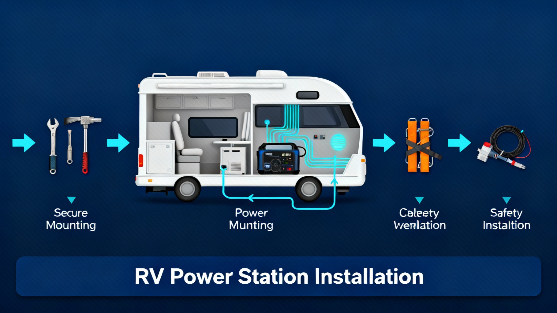 RV interior cutaway showing portable power station installation with step-by-step arrows indicating secure mounting, cyan cable routing, ventilation, and safety strapping with tools for proper installation