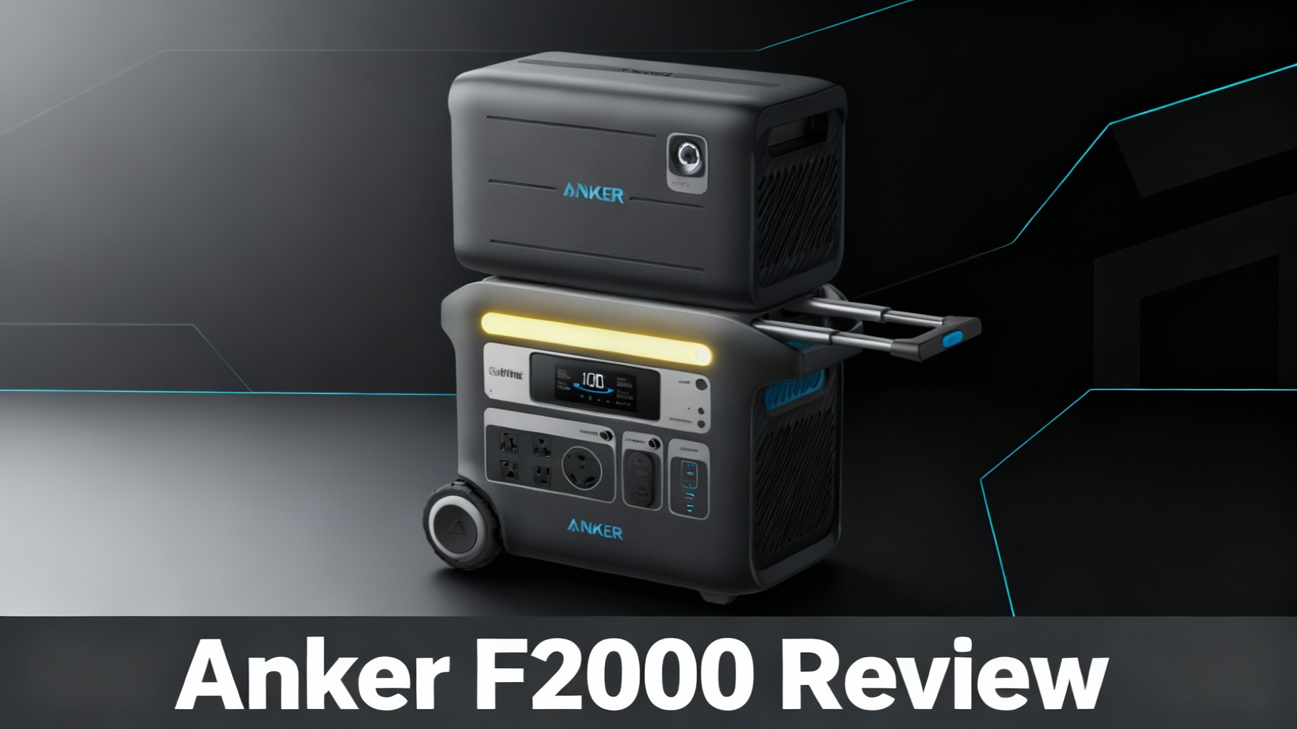 Minimalist editorial hero image for Anker SOLIX F2000 best value high-capacity power station review with modern clean design and cyan energy flow