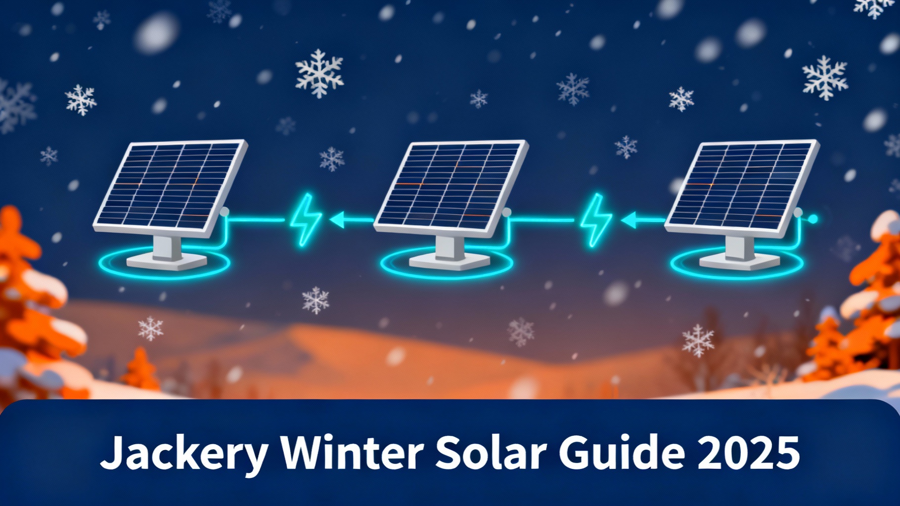Technical infographic showing Jackery solar panel charging setup in winter conditions with snowflakes and cold weather optimization diagram