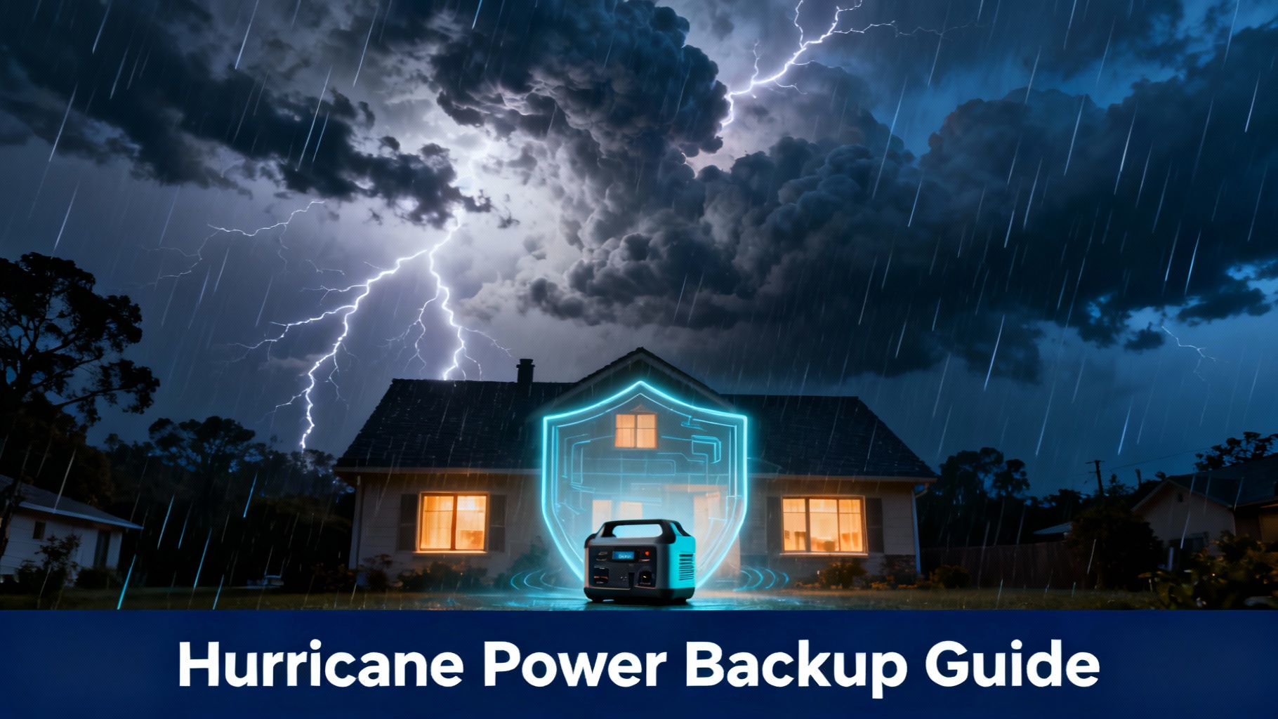 Dramatic illustration of house during hurricane with lightning, heavy rain, and stormy clouds while windows glow showing backup power station maintaining electricity during severe weather emergency