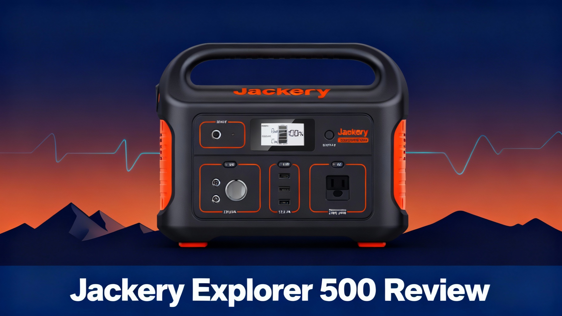 Editorial hero image for Jackery Explorer 500 review featuring outdoor adventure aesthetic with mountain silhouettes, warm orange accents, and cyan energy flow representing mid-range sweet spot portable power