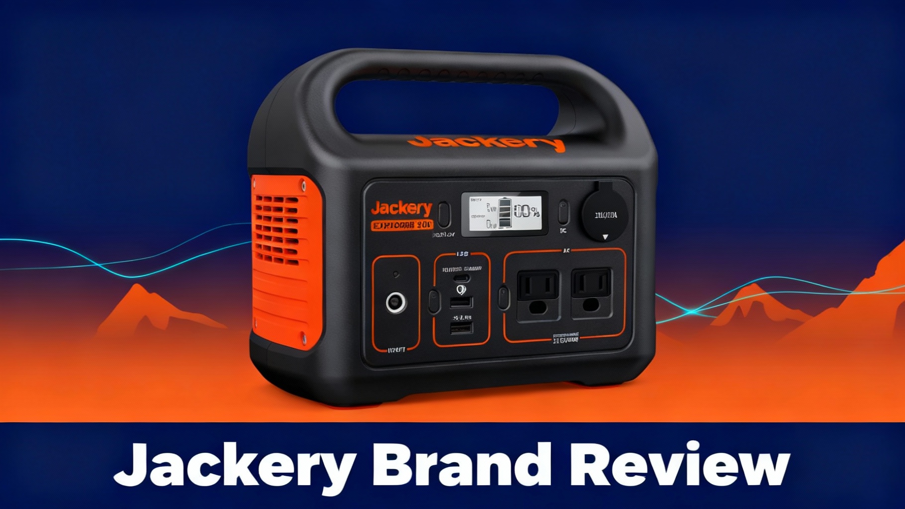 Editorial hero image for Jackery brand review featuring outdoor adventure aesthetic with mountain silhouettes, orange accents, and cyan energy flow representing reliability
