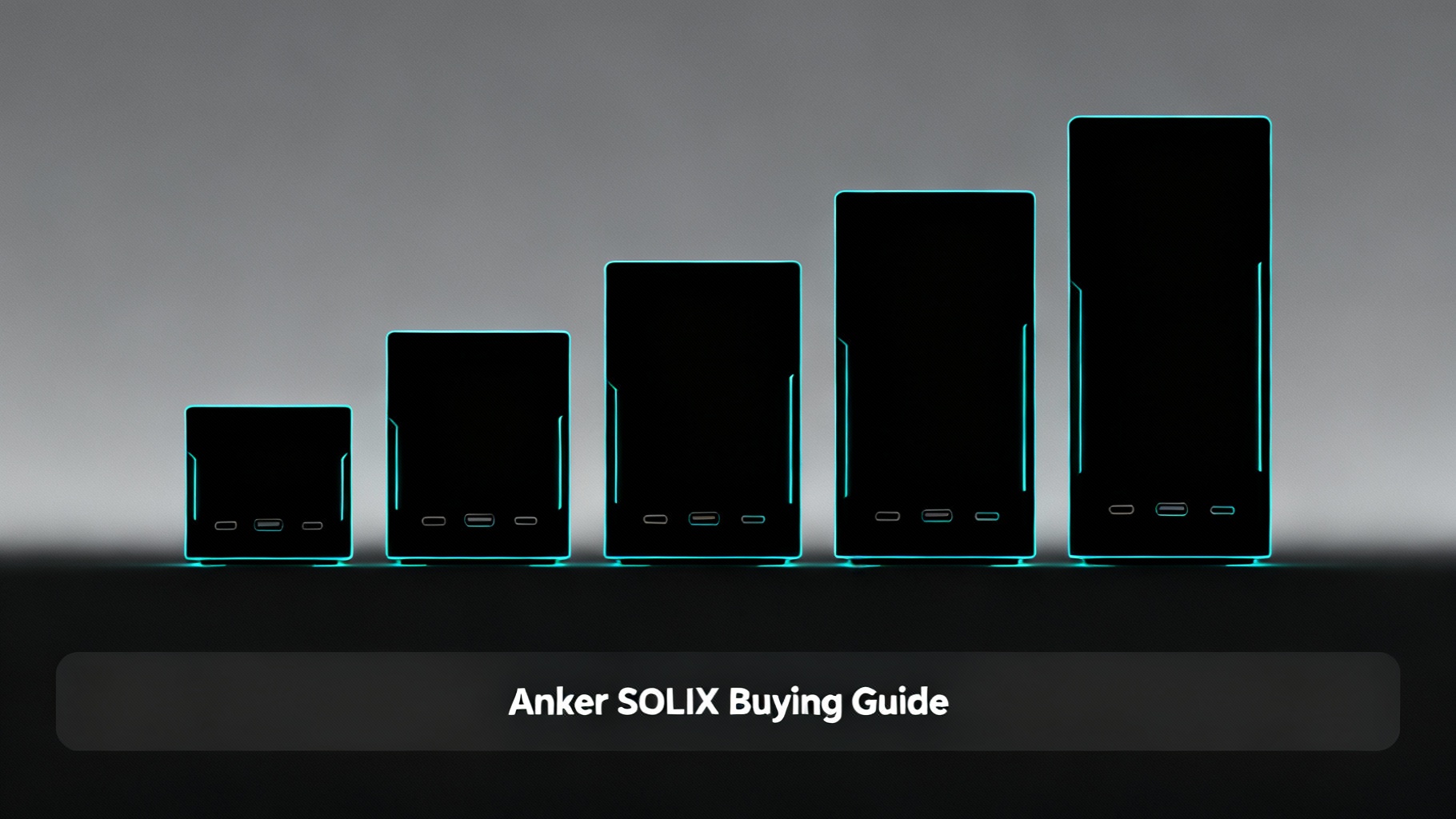 Minimalist product lineup showing Anker SOLIX power station range from compact to large models with clean silhouettes and cyan outlines for buying guide