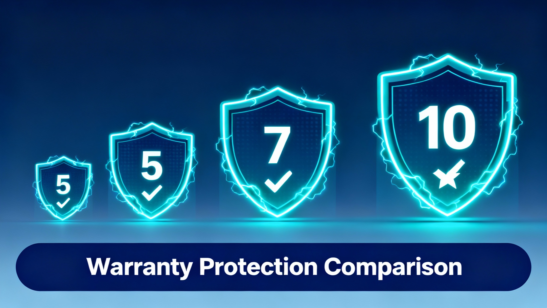 Comparison illustration showing warranty shield icons of different heights representing 5-year, 7-year, and 10-year protection periods with cyan outlines and checkmarks