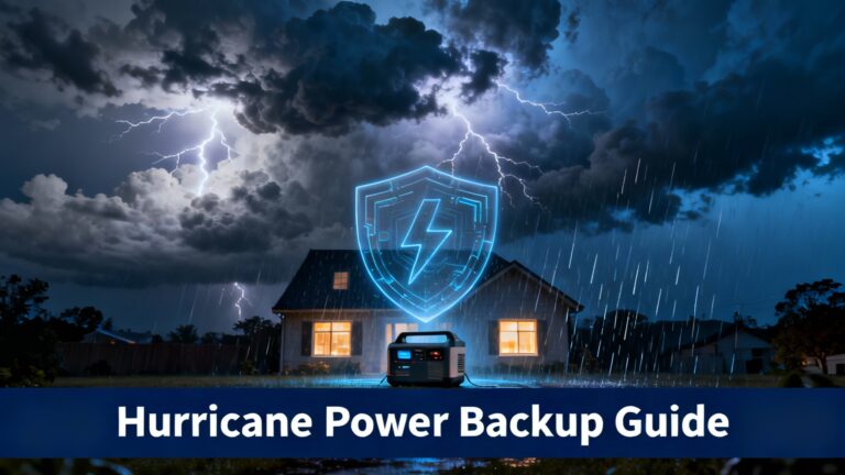 Dramatic illustration of house during hurricane with lightning, heavy rain, and stormy clouds while windows glow showing backup power station maintaining electricity during severe weather emergency