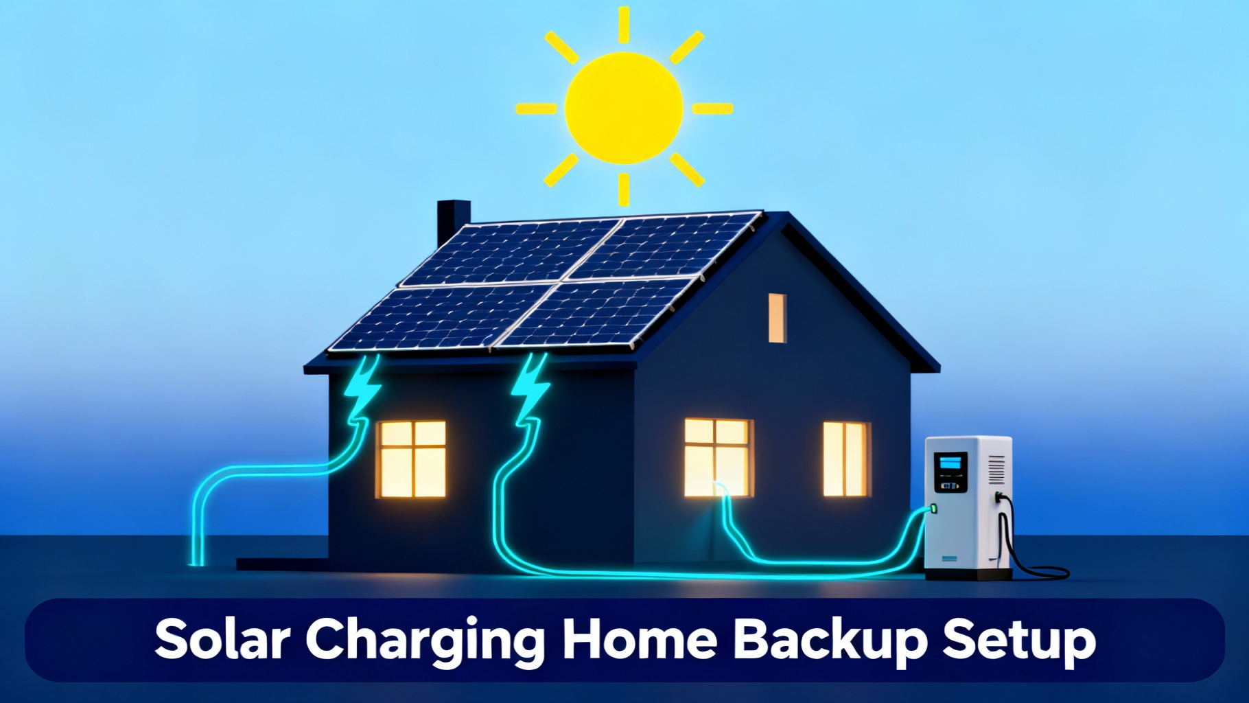Illustration of modern house with solar panels on roof connected to backup power station via cyan energy flow lines showing complete solar home backup system with sun and powered windows