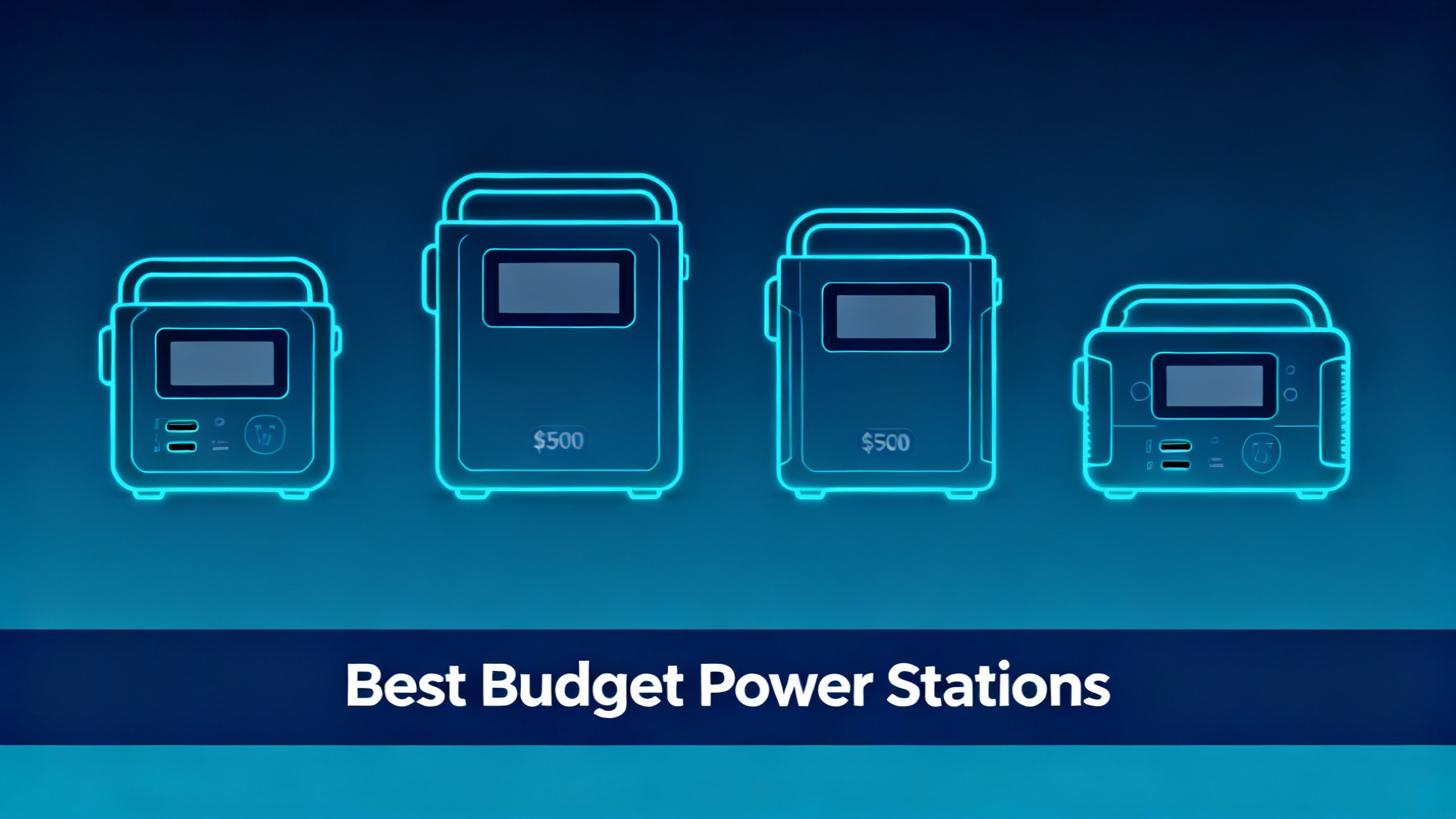 Product showcase featuring four compact portable power station silhouettes under $500 with budget-friendly design and cyan price indicators for affordable options