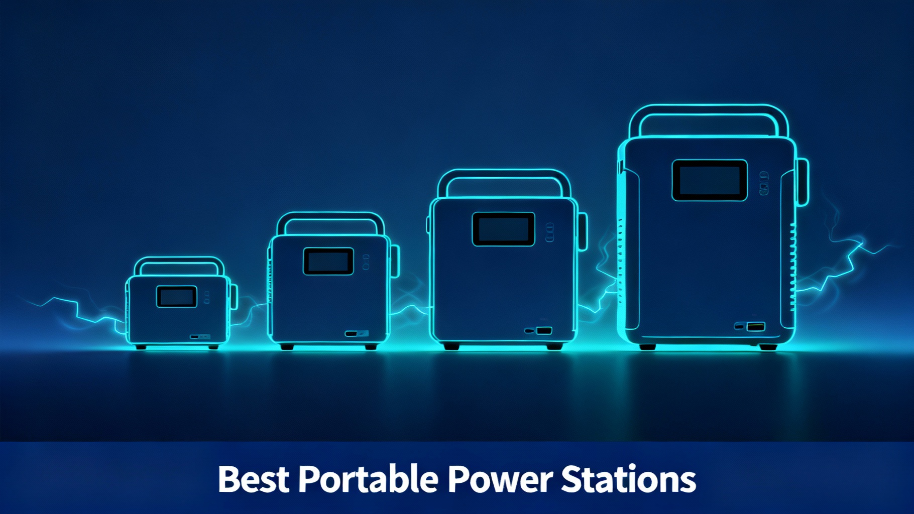 Product showcase featuring five portable power station silhouettes in different sizes with glowing cyan outlines representing the best models for 2025