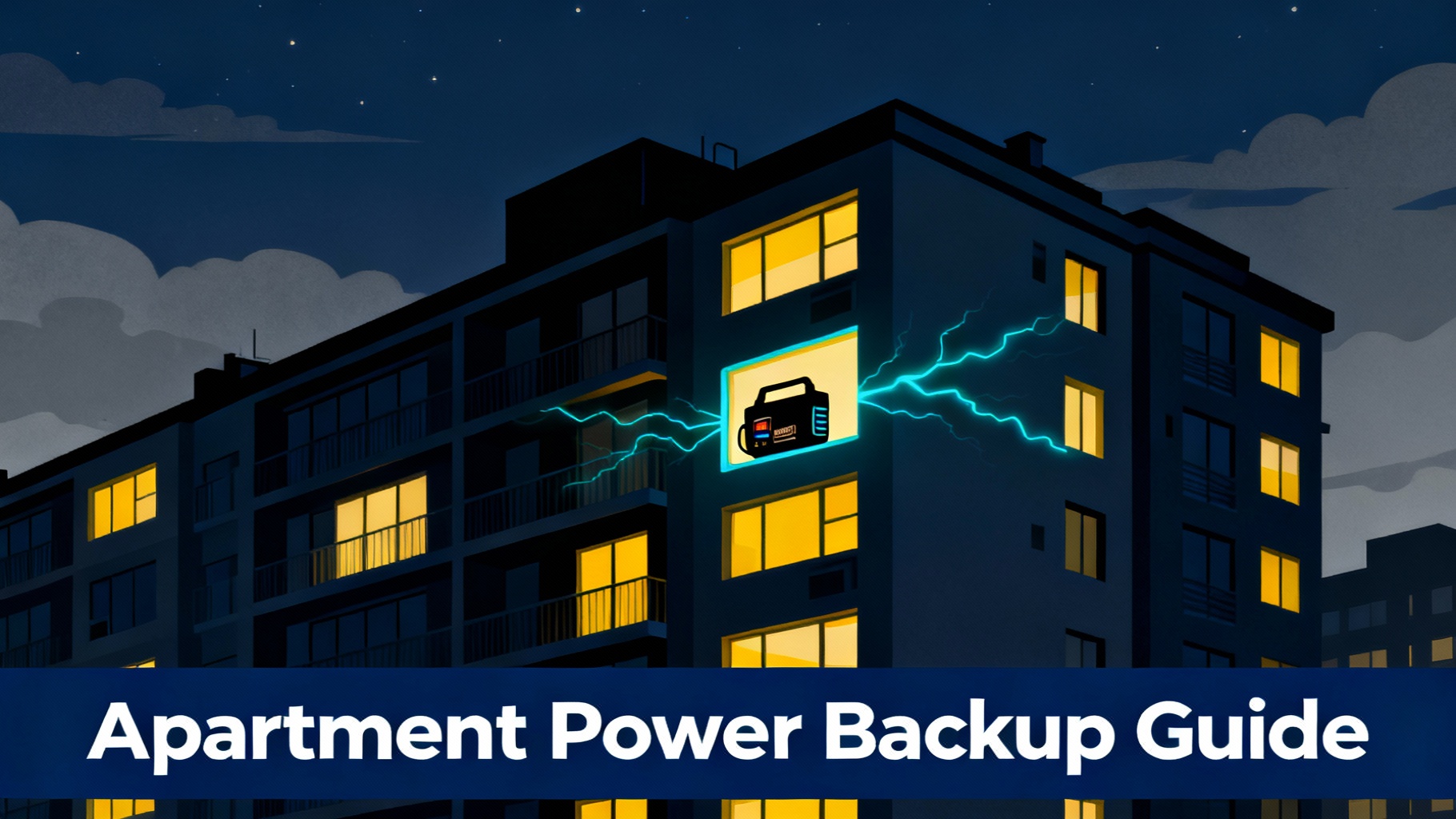 Illustration of modern apartment building at night with glowing windows and compact power station providing backup power with cyan energy flow for urban living spaces