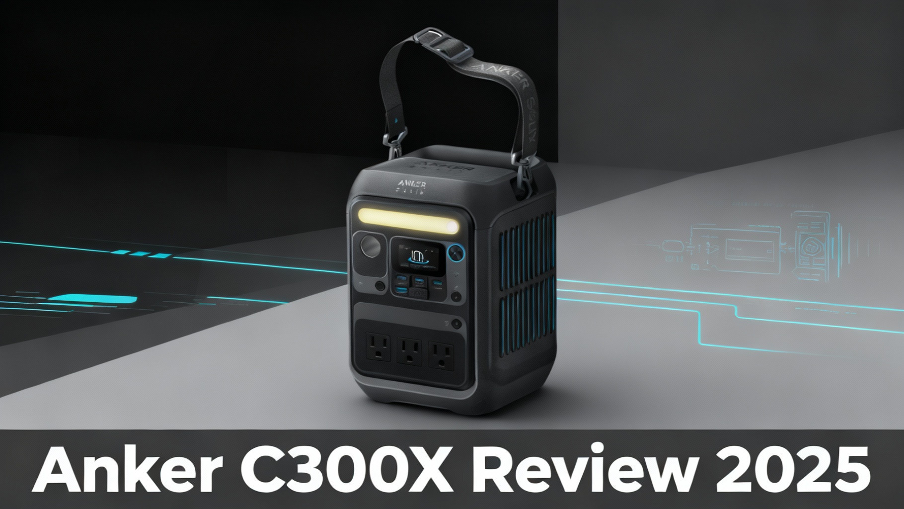 Minimalist editorial hero image for Anker SOLIX C300X premium compact power station review with modern sleek design and precise cyan tech elements