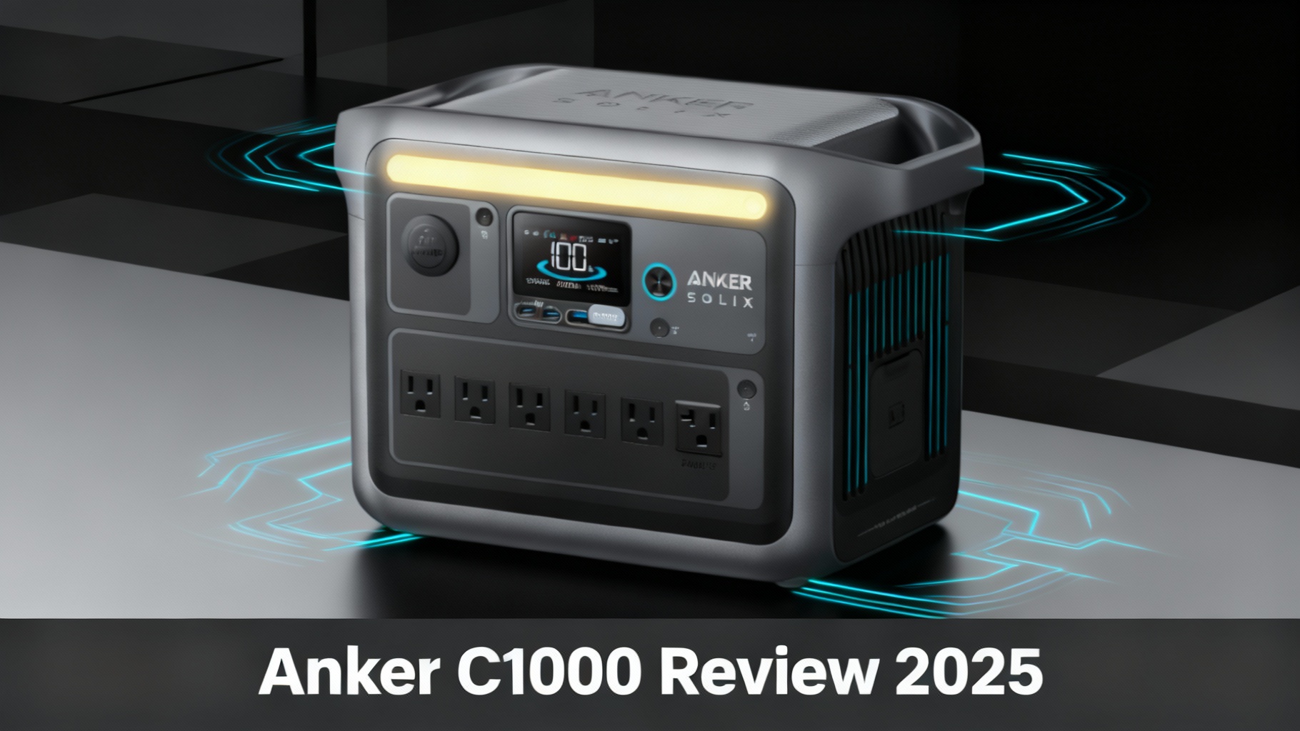 Minimalist editorial hero image for Anker SOLIX C1000 compact powerhouse power station review with sleek modern design and concentrated cyan energy accents