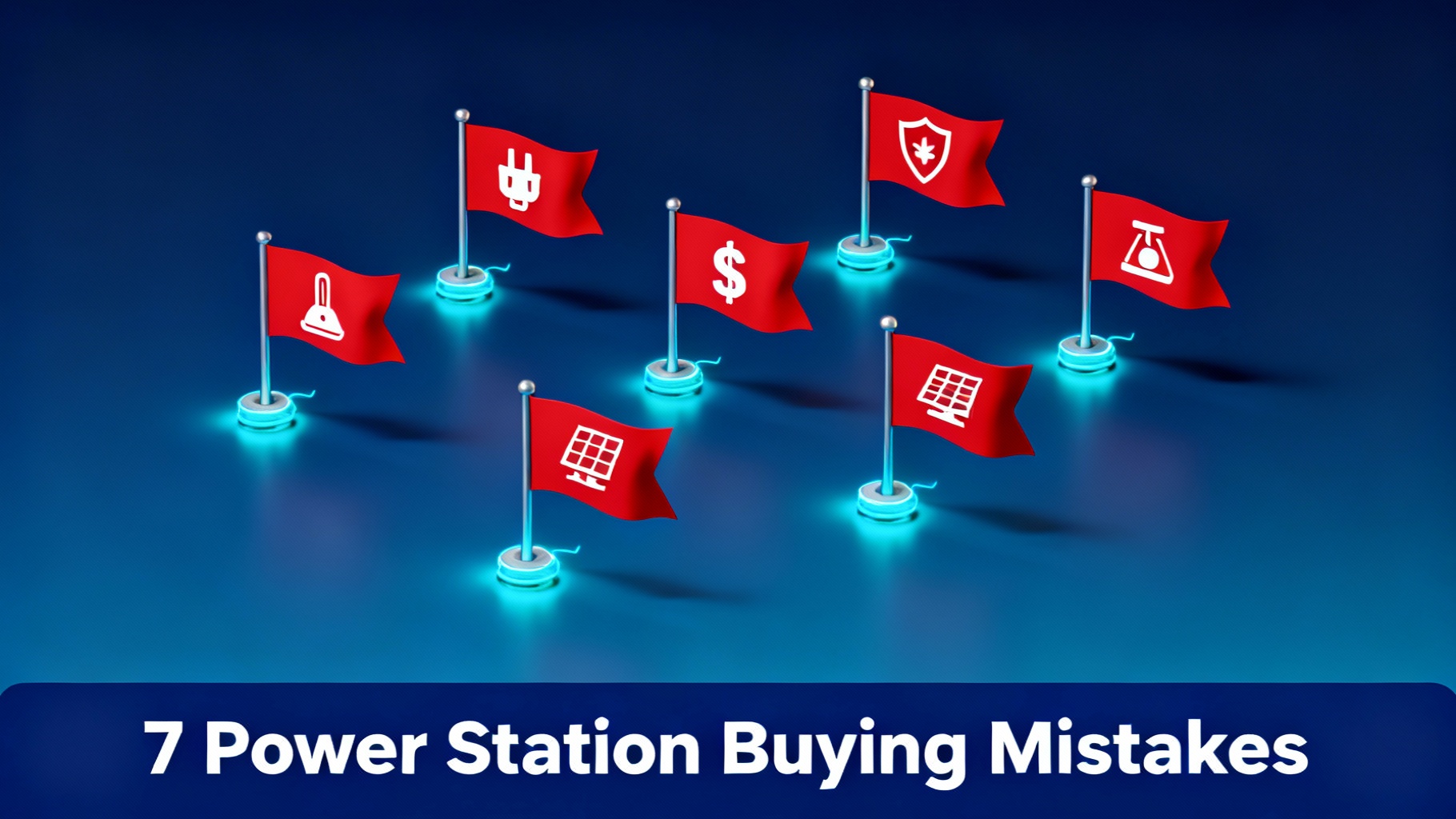 Infographic showing seven common mistakes when buying portable power stations with warning icons including capacity miscalculation, port oversight, warranty ignorance, and compatibility issues