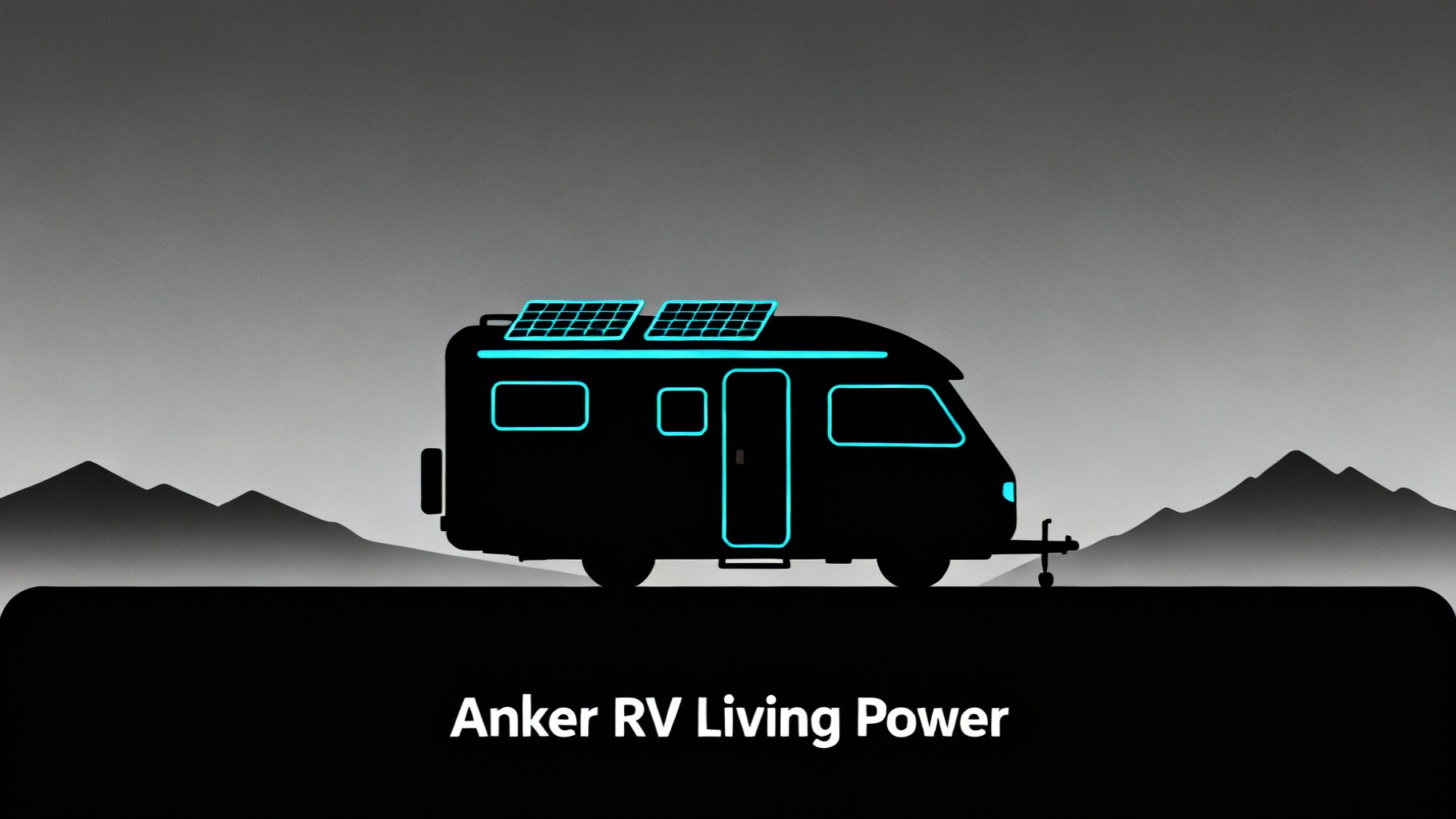 Minimalist illustration of RV with Anker SOLIX solar panels on scenic mountain backdrop showcasing full-time RV living power solutions with modern clean design