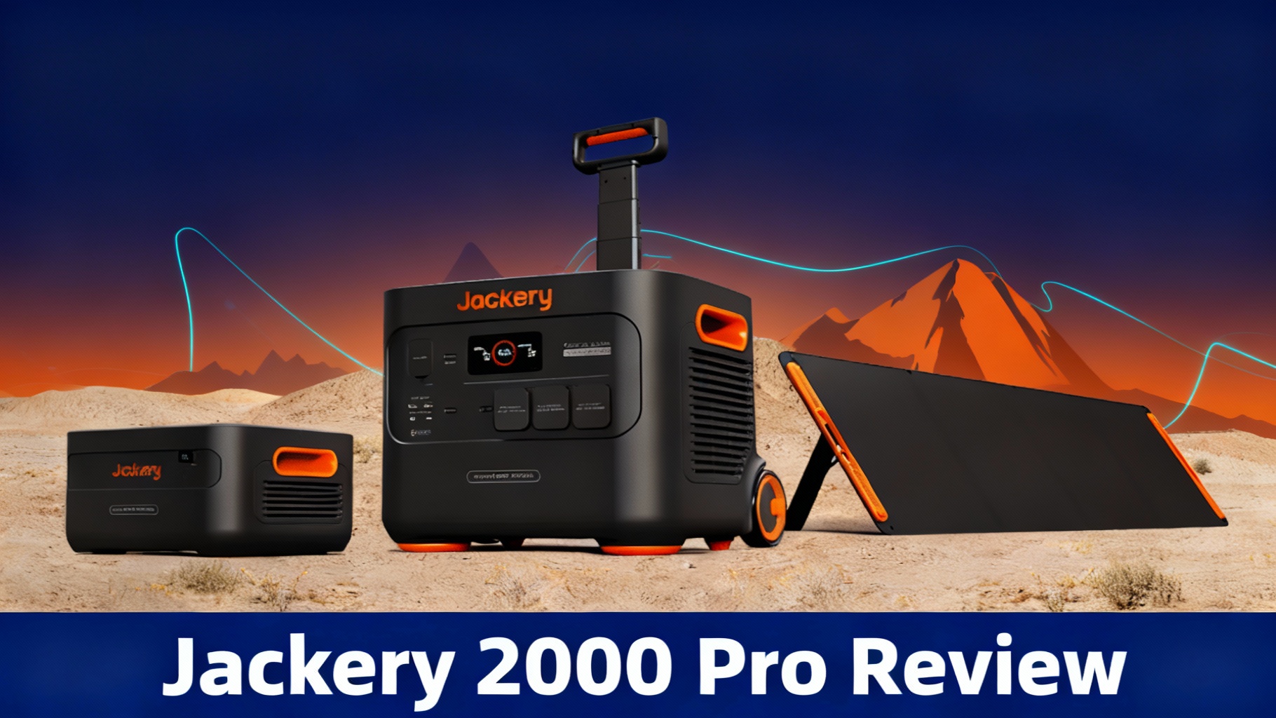 Editorial hero image for Jackery Explorer 2000 Pro review featuring outdoor adventure aesthetic with mountain silhouettes, warm orange accents, and cyan energy flow representing premium power performance