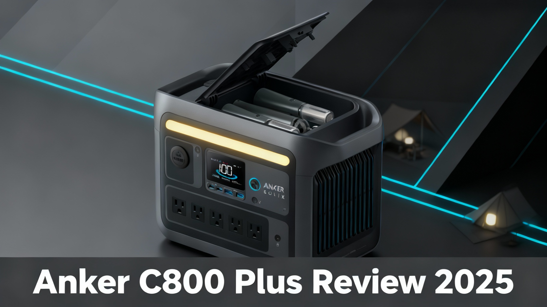 Minimalist editorial hero image for Anker SOLIX C800 Plus mid-range power station with camping lights review featuring modern design and ambient lighting elements