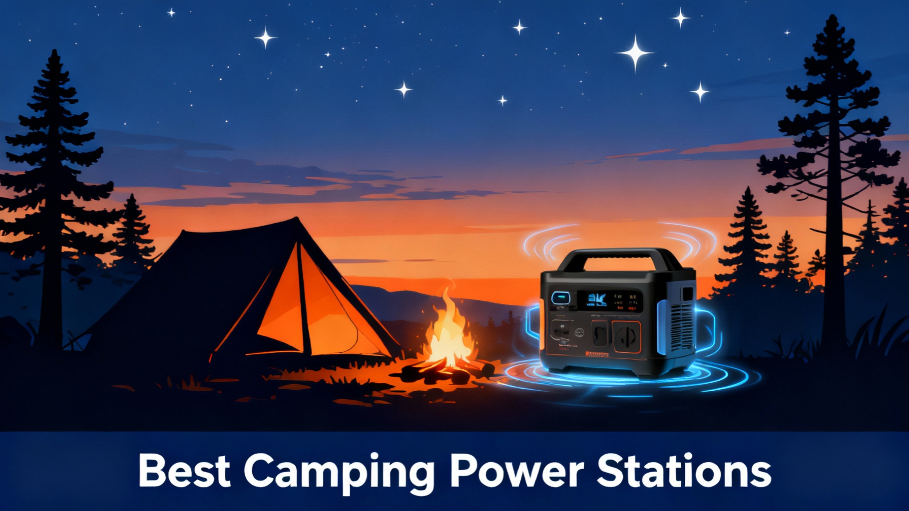 Camping scene illustration at dusk with tent, campfire, and portable power station silhouette under starry sky showcasing best outdoor power solutions for camping