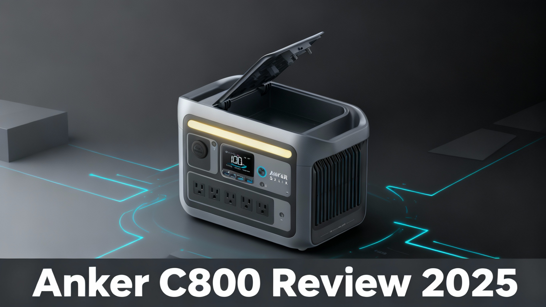 Minimalist editorial hero image for Anker SOLIX C800 budget champion power station review with sleek modern design and efficient cyan energy flow patterns