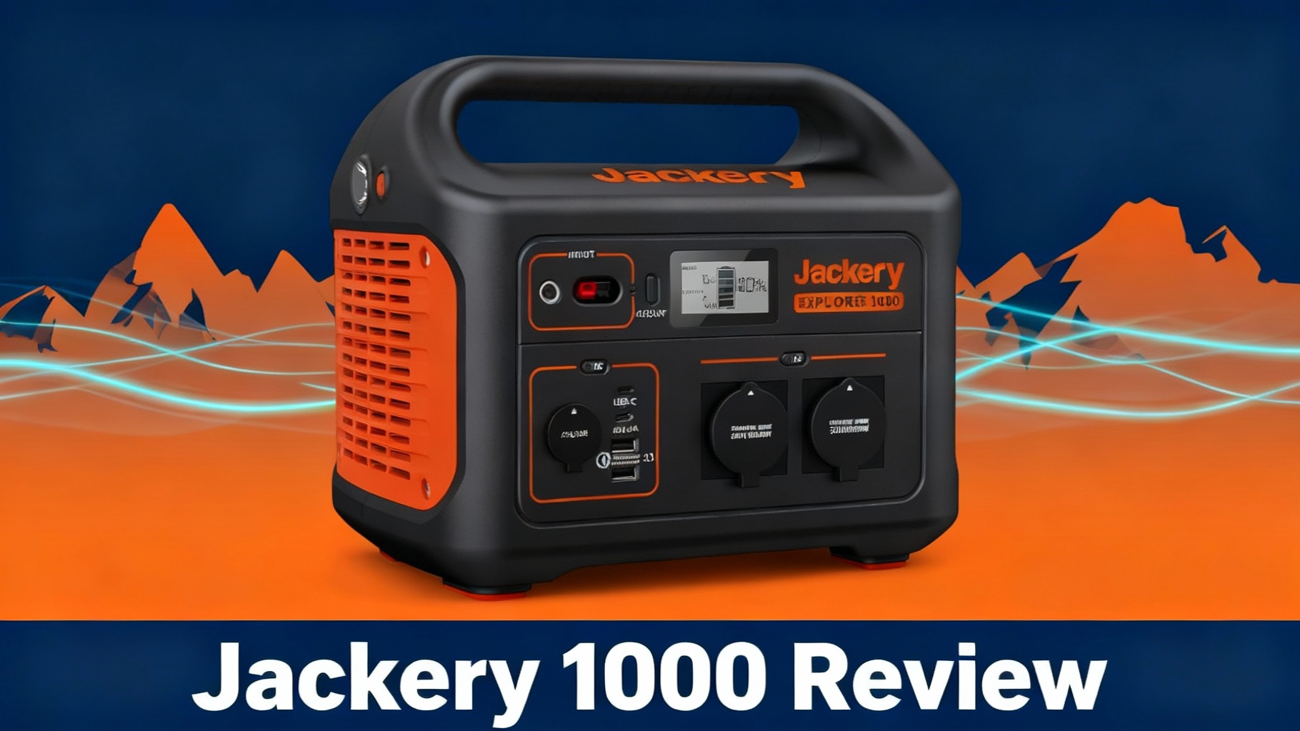 Editorial hero image for Jackery Explorer 1000 v2 review featuring outdoor adventure aesthetic with mountain silhouettes, orange accents, and cyan energy flow representing upgraded reliability and performance