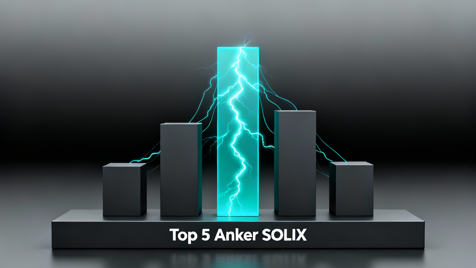 Minimalist editorial grid design showcasing top 5 Anker SOLIX power station models for 2025 with modern geometric layout and cyan accent glows