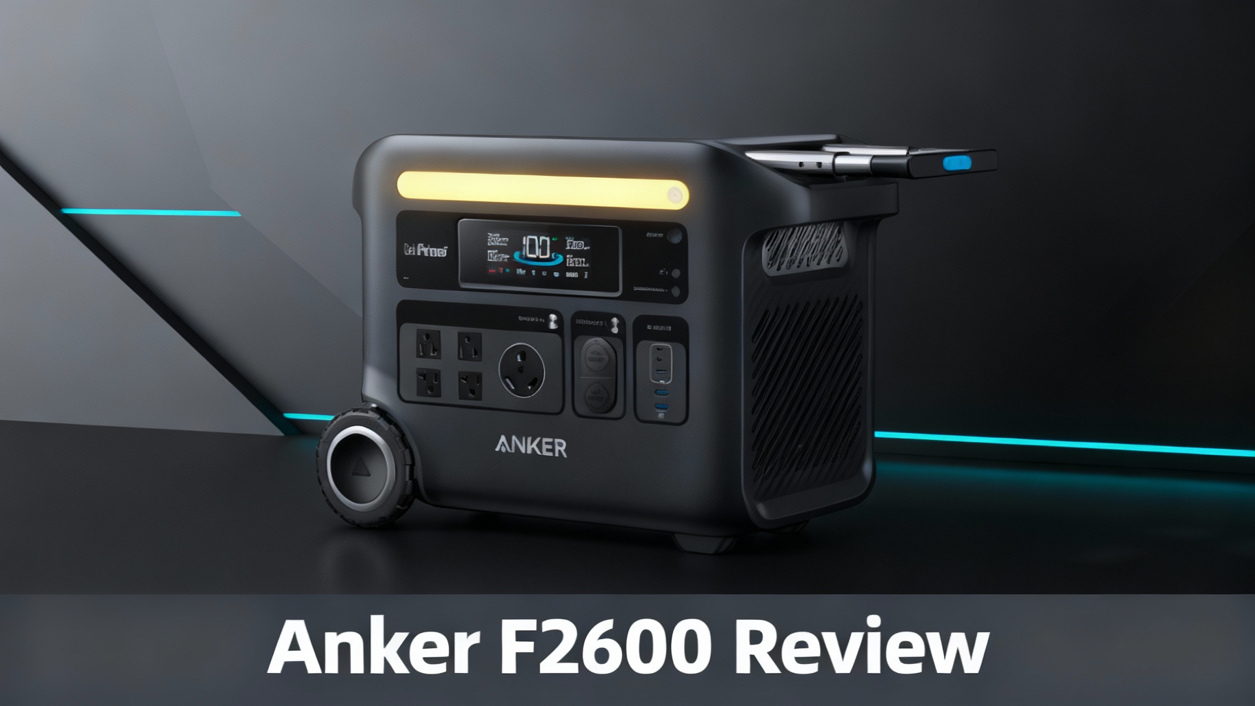 Minimalist editorial hero image for Anker SOLIX F2600 premium mid-range power station review with sleek modern design and cyan geometric accents