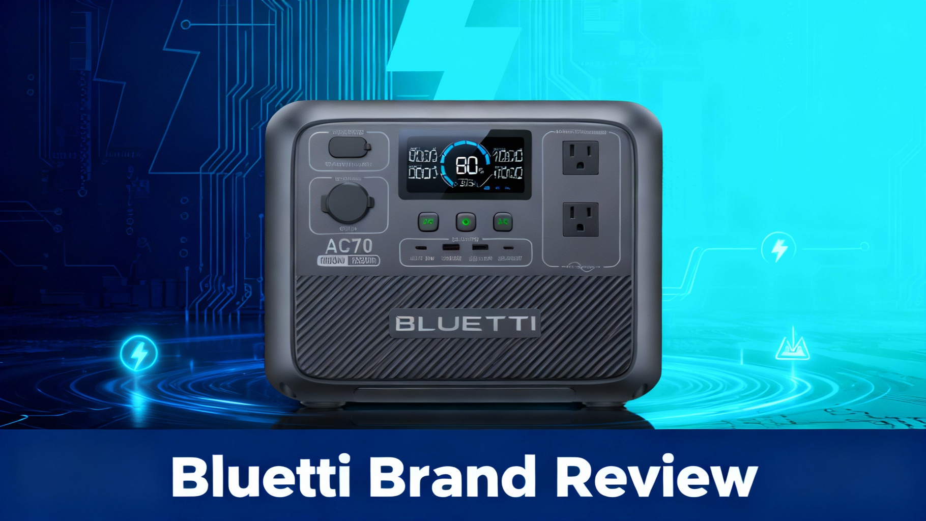 Editorial hero image for Bluetti brand review featuring premium tech aesthetic with navy to cyan gradient, circuit board patterns, geometric energy flows, and professional innovation theme