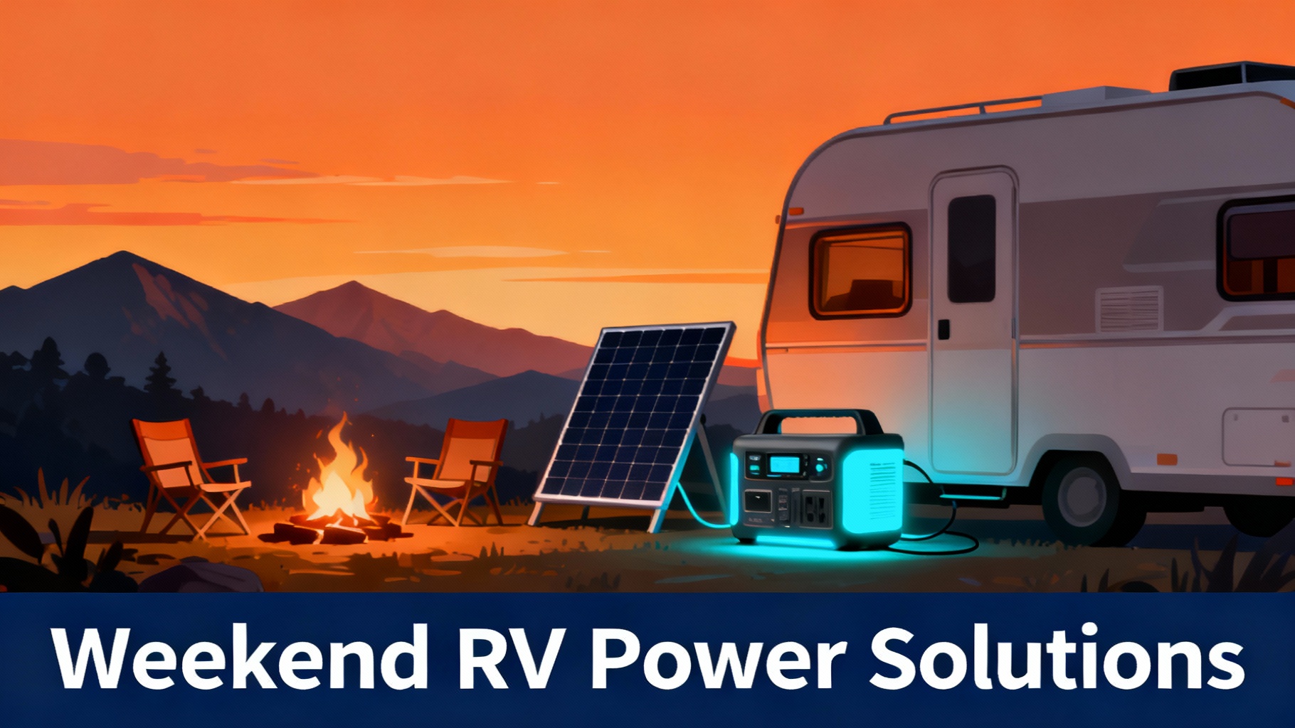 RV at weekend campsite with campfire and chairs, compact portable power station with simple solar setup glowing cyan, sunset mountain backdrop showing casual 2-3 day adventure power solution