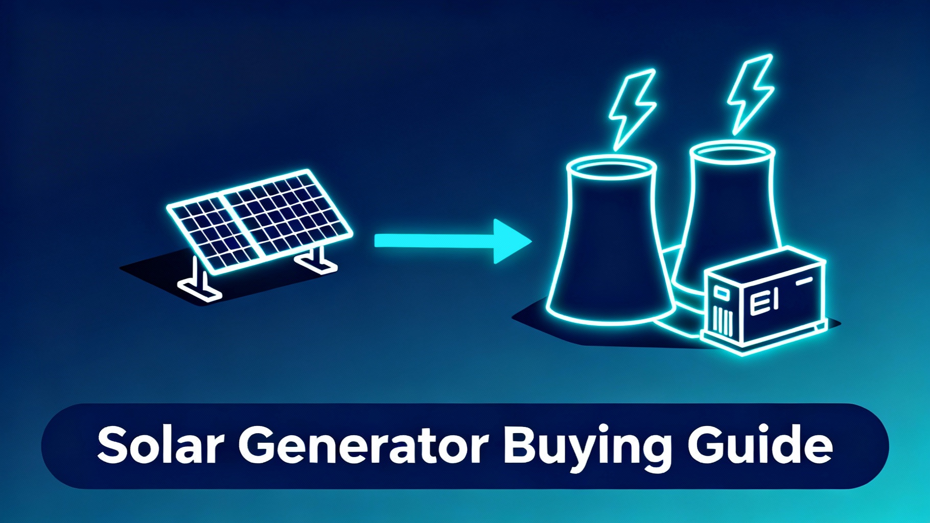 Educational diagram showing solar generator buying guide with progressive solar panel and power station icons connected by cyan energy flow arrows on navy background