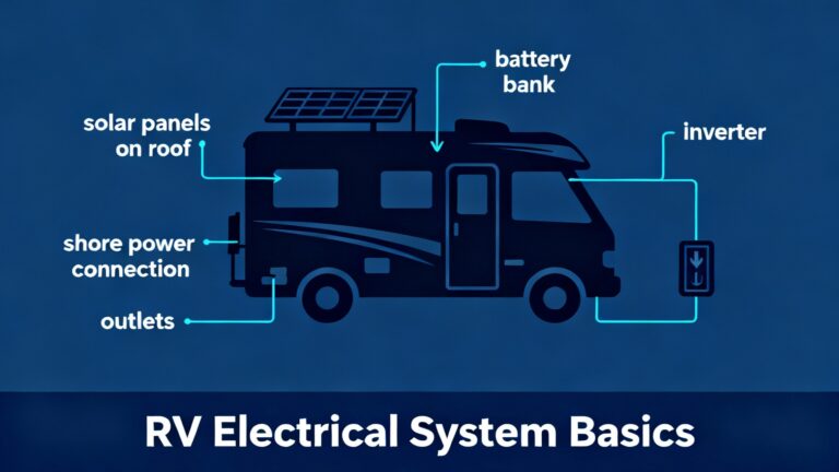 Educational RV electrical system diagram with RV silhouette in center showing labeled components (solar panels, battery, inverter, shore power, outlets) connected by cyan power flow lines for fundamental understanding