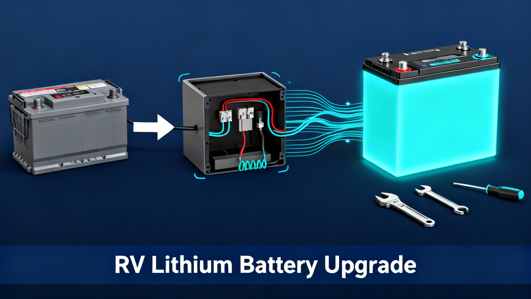 Step-by-step upgrade infographic showing transformation from old lead-acid battery to modern lithium battery with installation steps, wiring connections in cyan, and tools for RV power system upgrade