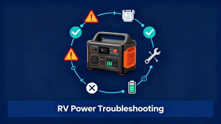 Diagnostic infographic showing portable power station in center surrounded by troubleshooting icons (warnings, solutions, tools, battery checks) connected by cyan flowchart lines for problem-solving guide