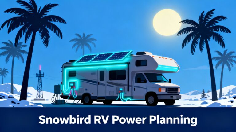 RV in warm southern setting with palm trees and sunny sky, solar panels on roof and power station showing extended winter stay setup with seasonal migration theme from cold to warm climate