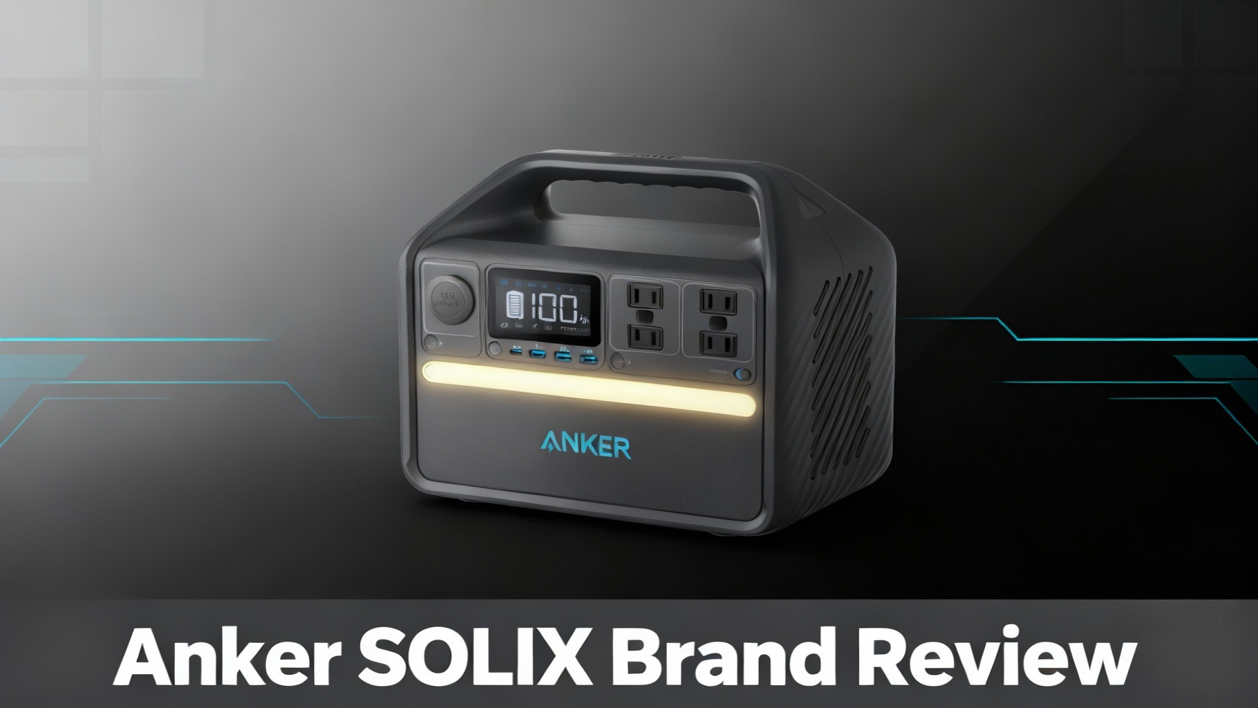 Minimalist editorial hero image for Anker SOLIX brand review with sleek charcoal gradient, clean geometric cyan patterns, and sophisticated modern tech aesthetic highlighting InfiniPower technology