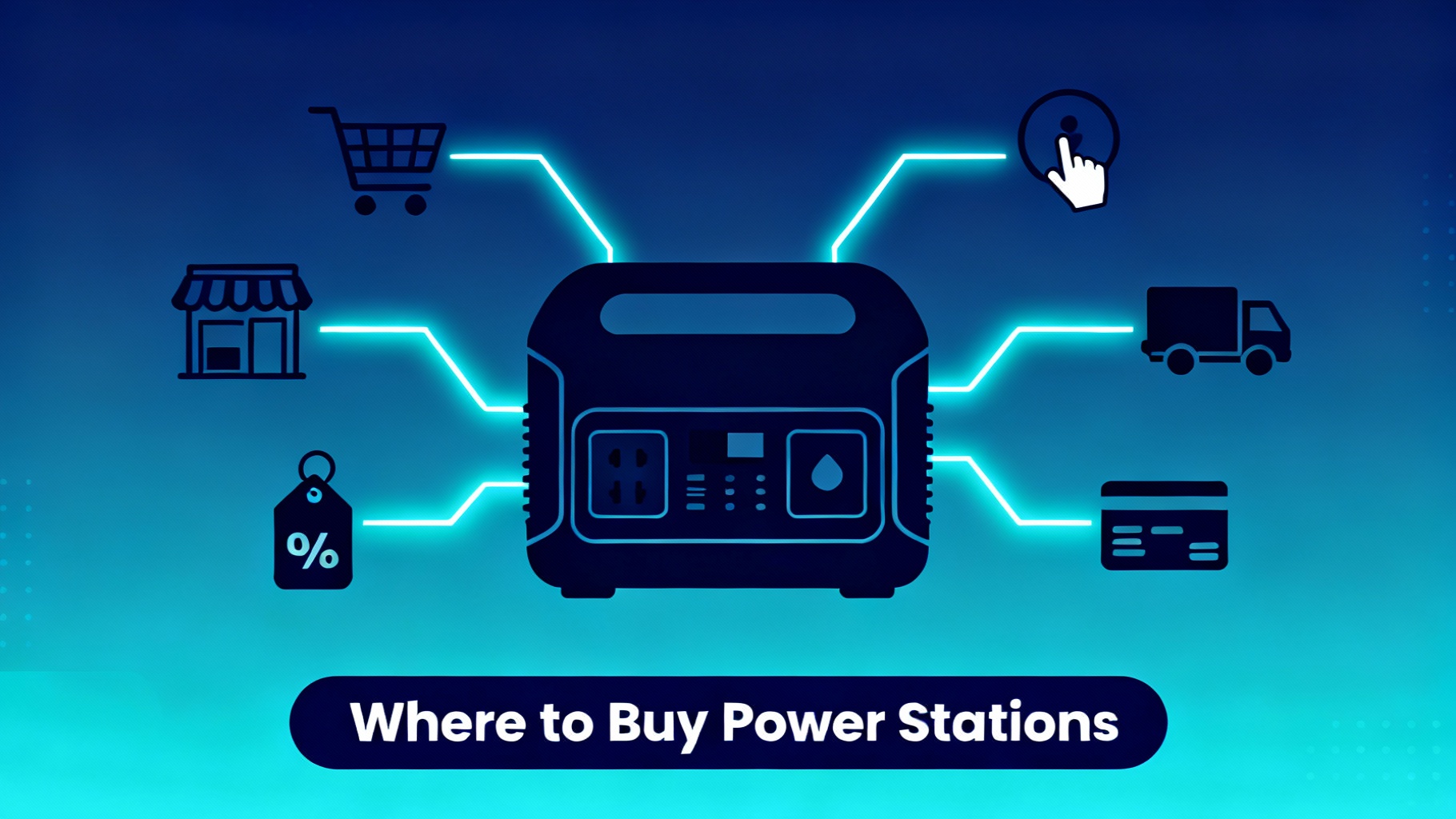 Shopping guide infographic showing portable power station surrounded by retail icons including shopping cart, store, online purchase, discounts, and delivery with cyan connecting lines