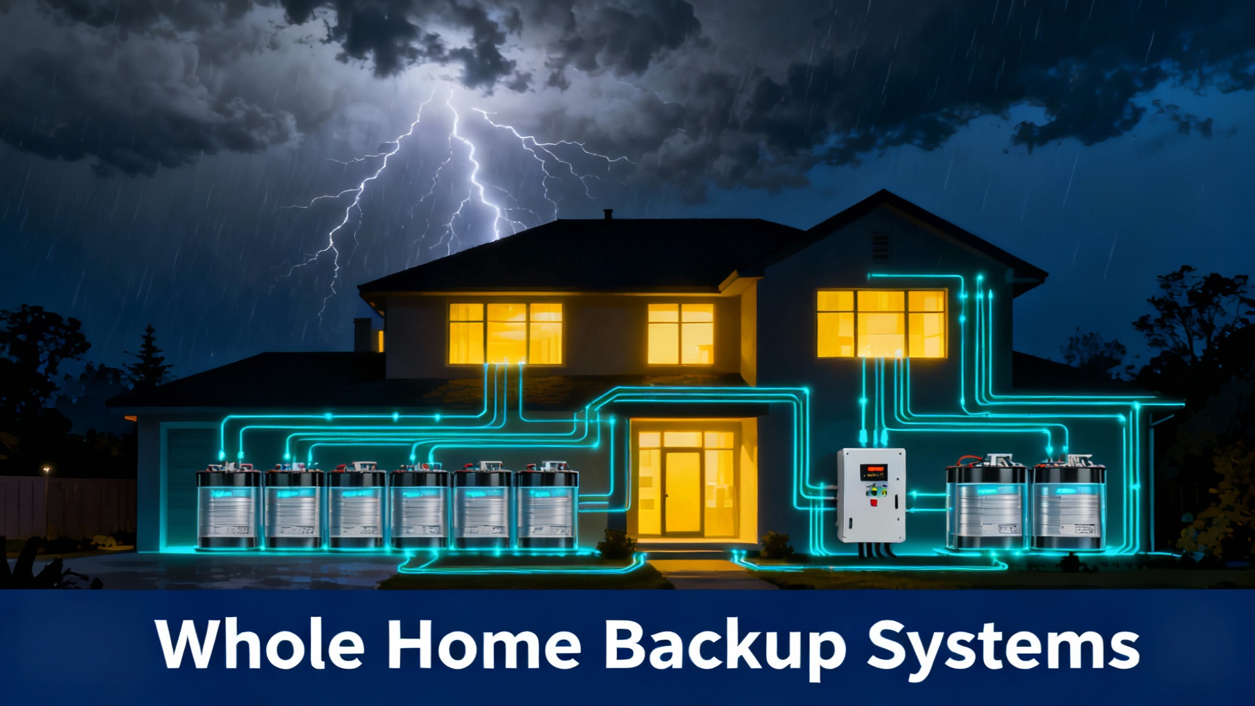 Comprehensive editorial illustration of modern house silhouette at night. Dark navy blue and gray stormy sky background. Large house with all windows glowing warm yellow showing complete home backup working. High-capacity power station system with multiple expansion battery units visible. Electric cyan energy flow lines distributed throughout entire house structure showing complete coverage. Transfer switch box visualization. Storm with lightning. Premium whole-home protection aesthetic. At the bottom, solid navy blue bar with white text "Whole Home Backup Systems". Professional complete emergency preparedness design, 4K quality.