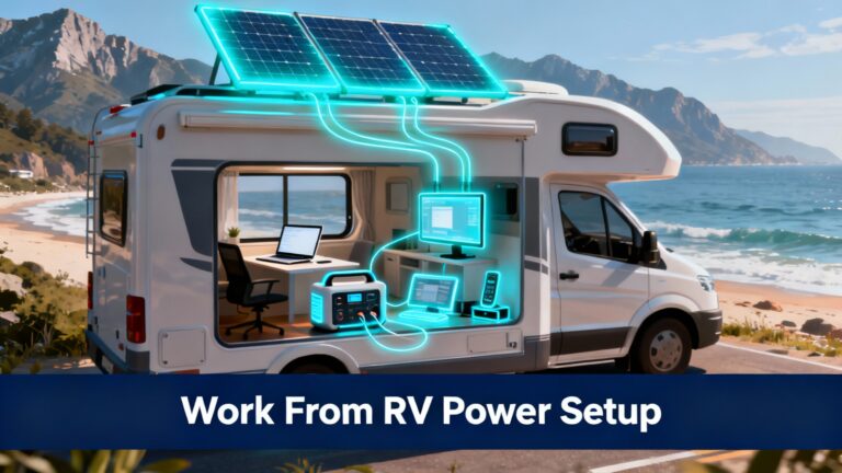 Stylized illustration of modern RV with work setup visible through window. Scenic mountain or beach backdrop. Solar panels on roof glowing electric cyan. Portable power station inside RV powering laptop, monitor, and office equipment shown as glowing icons. Professional remote work aesthetic combined with travel freedom. Energy flow lines to work devices. Digital nomad lifestyle theme. At the bottom, solid navy blue bar with white text "Work From RV Power Setup". Mobile office professional design, 4K quality.