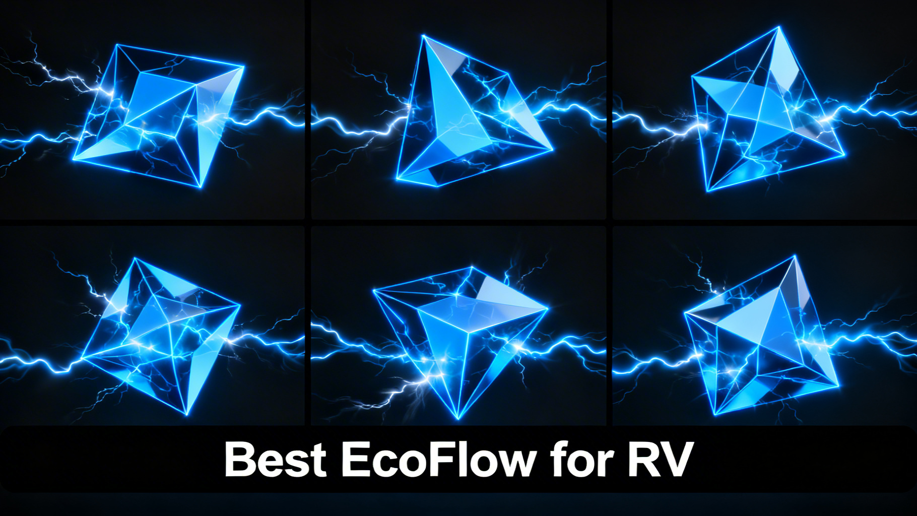 Modern editorial grid pattern with deep black background and glowing electric blue geometric shapes for best EcoFlow RV power stations