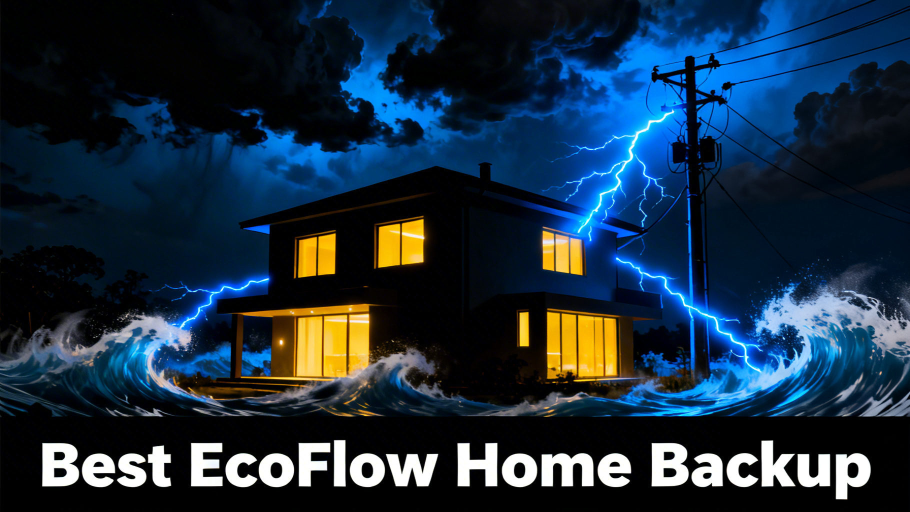 Bold power-tech home backup hero image with modern house silhouette at night against deep black sky, electric blue power lines surging energy to house with dynamic power wave effects for EcoFlow home backup guide