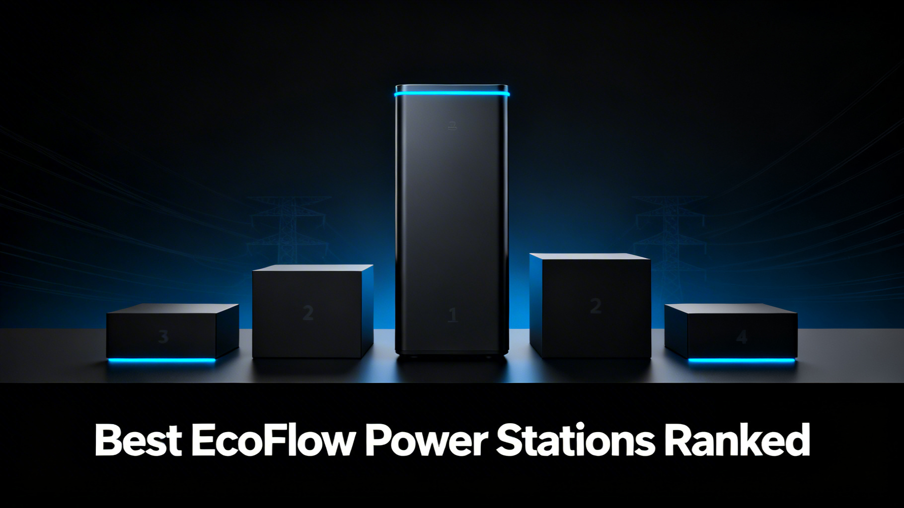 Bold power-tech editorial grid hero image with deep black background, glowing electric blue geometric shapes in 3x3 grid with angular details and pulsing power surge effects for EcoFlow complete lineup ranking article