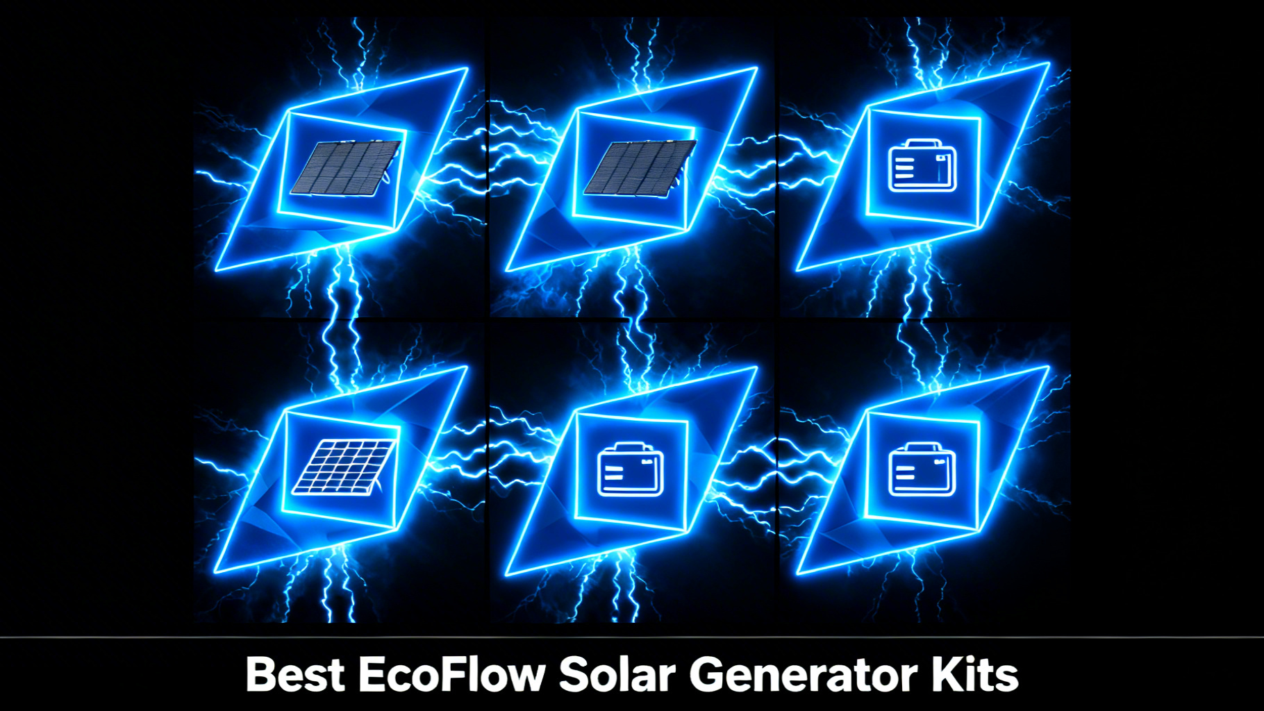 Bold editorial grid with deep black background, glowing electric blue geometric shapes with solar panels and battery icons, white text reading Best EcoFlow Solar Generator Kits