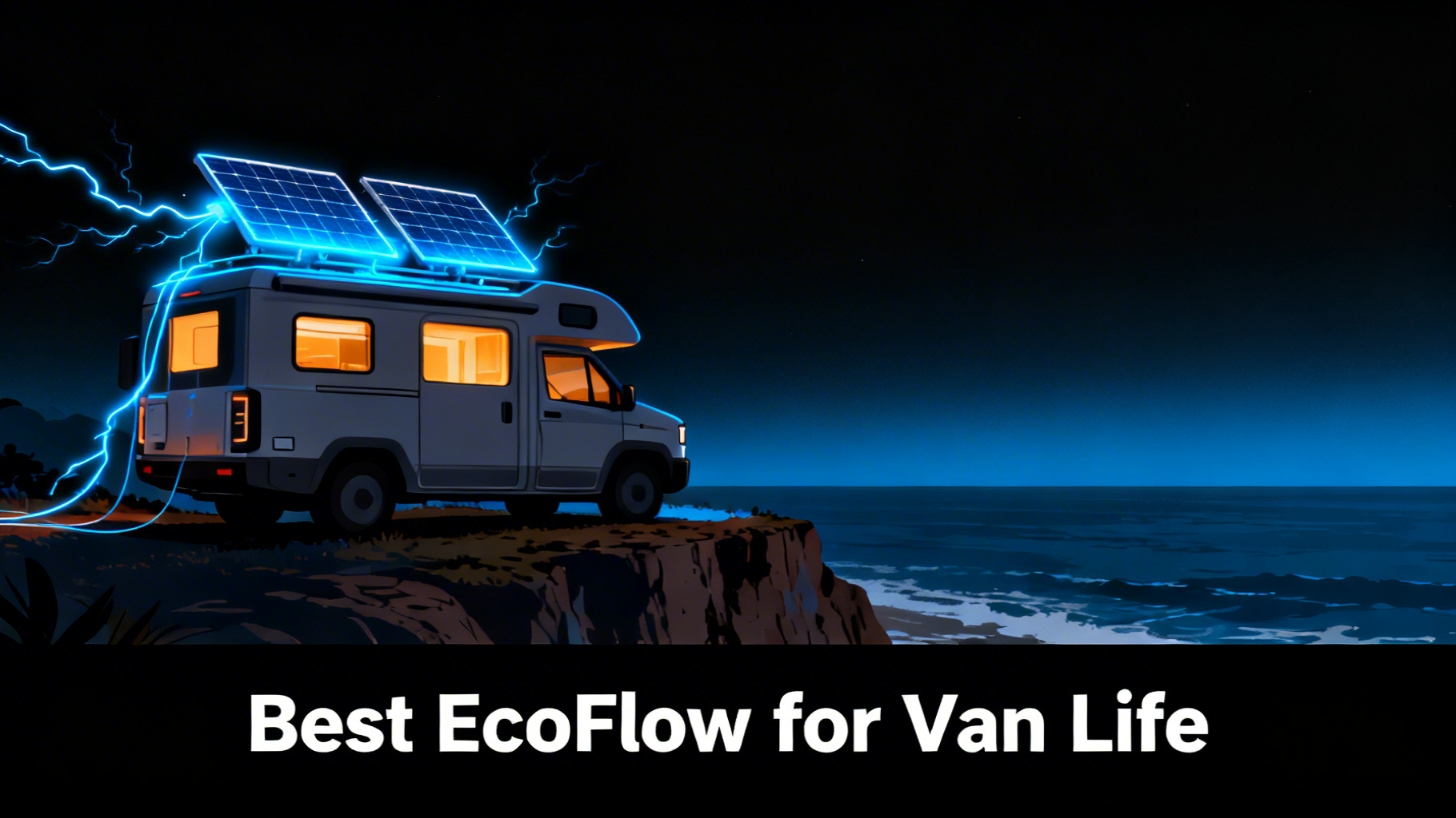 Bold power-tech van life hero image with camper van silhouette on coastal cliff against deep black to dark blue sky, solar panels with electric blue power glow and dynamic energy waves for EcoFlow van life guide