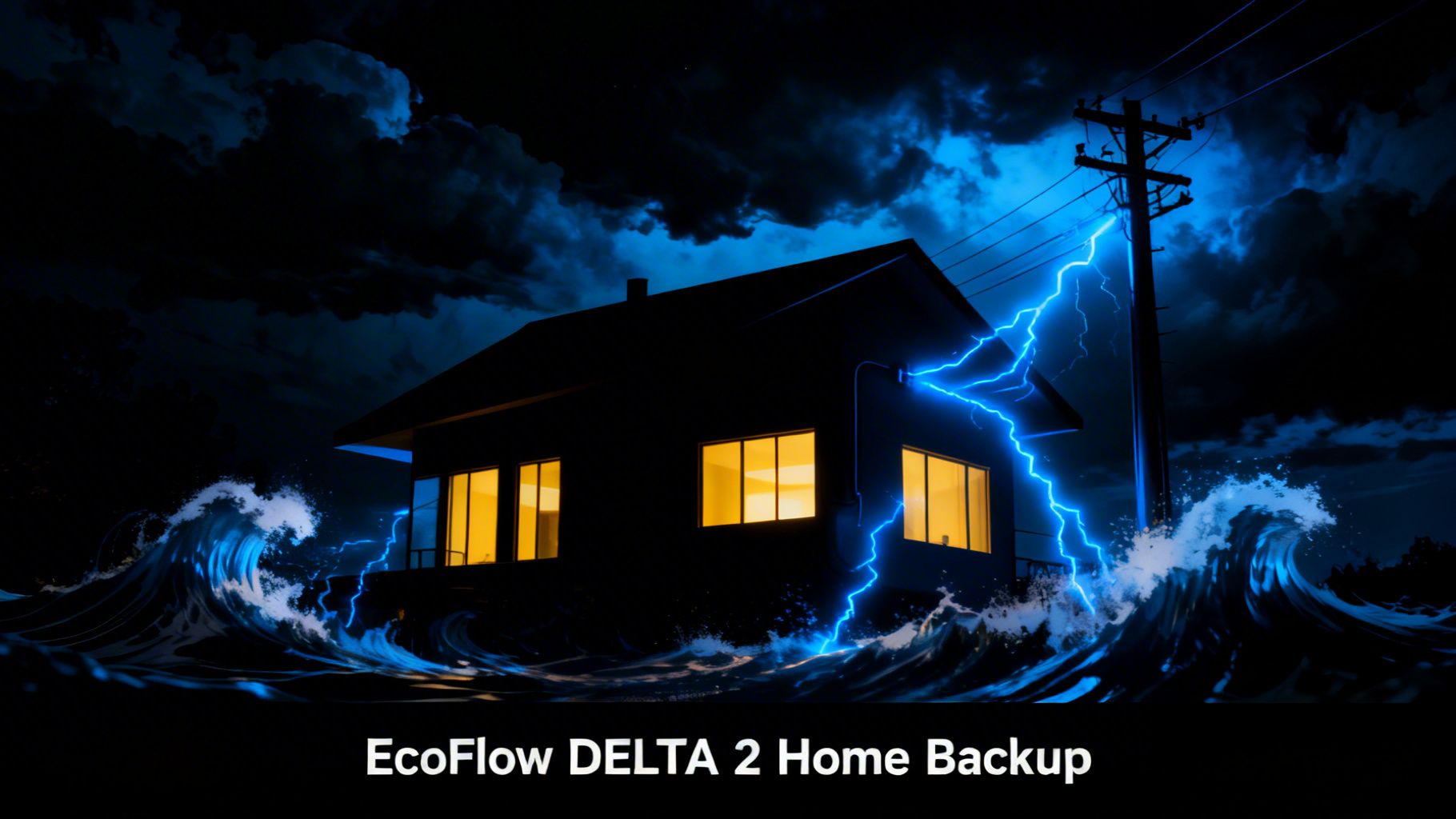 Dramatic editorial illustration of modern house at night with deep black sky and electric blue power lines for EcoFlow DELTA 2 home backup