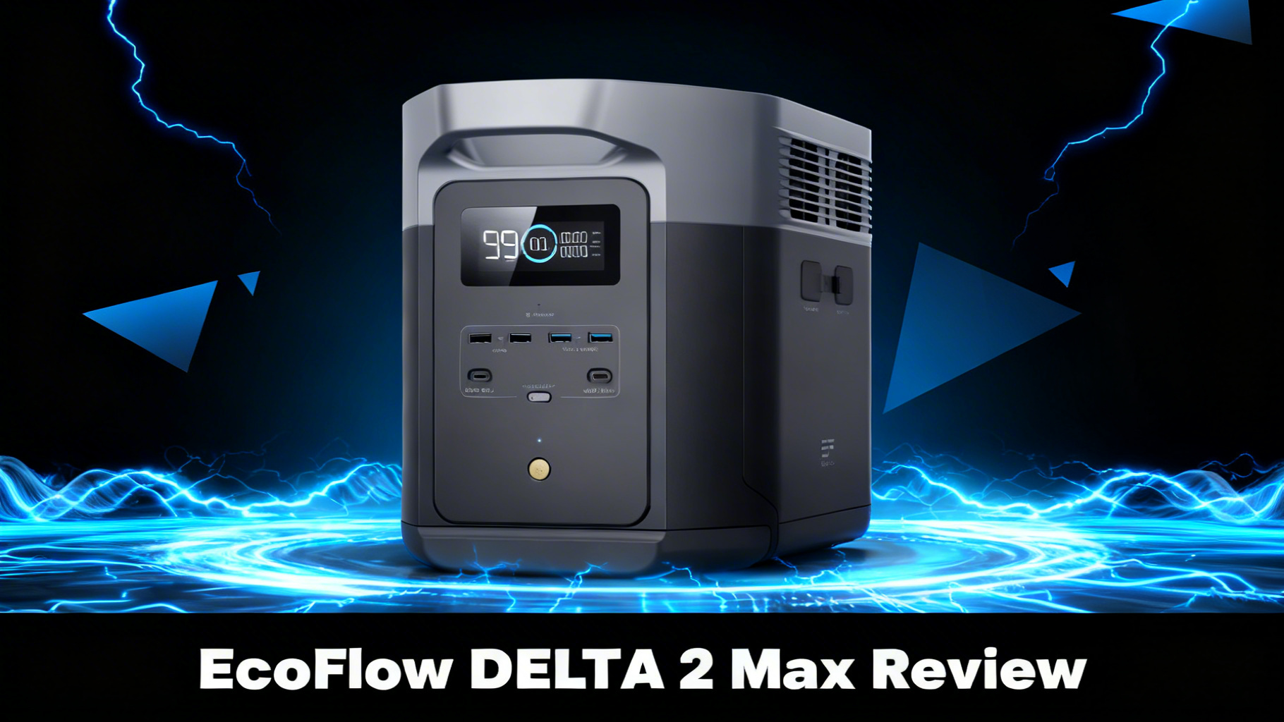Bold power-tech editorial hero image with deep black to dark blue gradient, electric blue power surge lines and angular geometric shapes for EcoFlow DELTA 2 Max review article